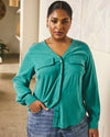 Woman wearing Cooling Stretch Cupro Button-Down Blouse - Green Tourmaline from PROMOTION
