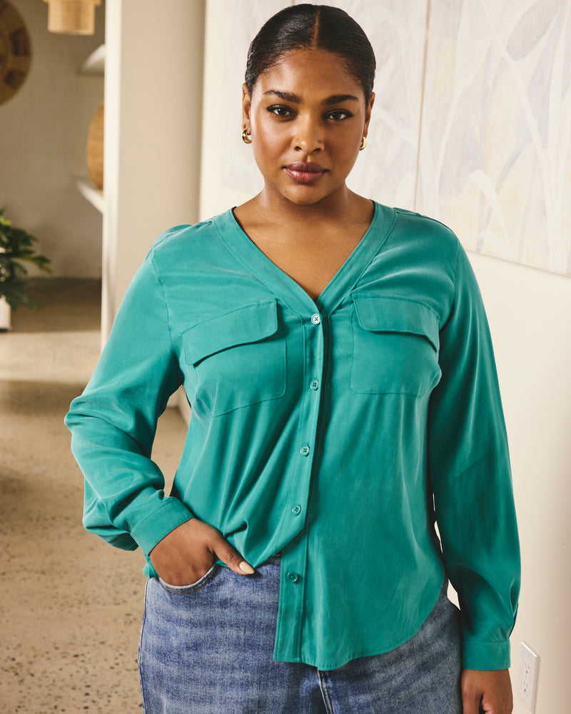 Woman wearing Cooling Stretch Cupro Button-Down Blouse - Green Tourmaline from Universal Standard