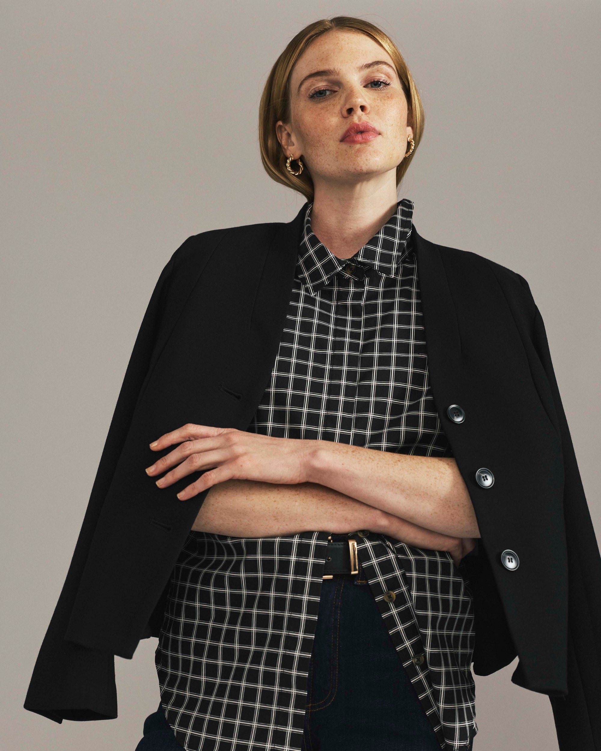 Elbe Stretch Poplin Shirt Classic Fit - Black Windowpane Check | Plus Size & Straight Size Women's Fashion | Universal Standard