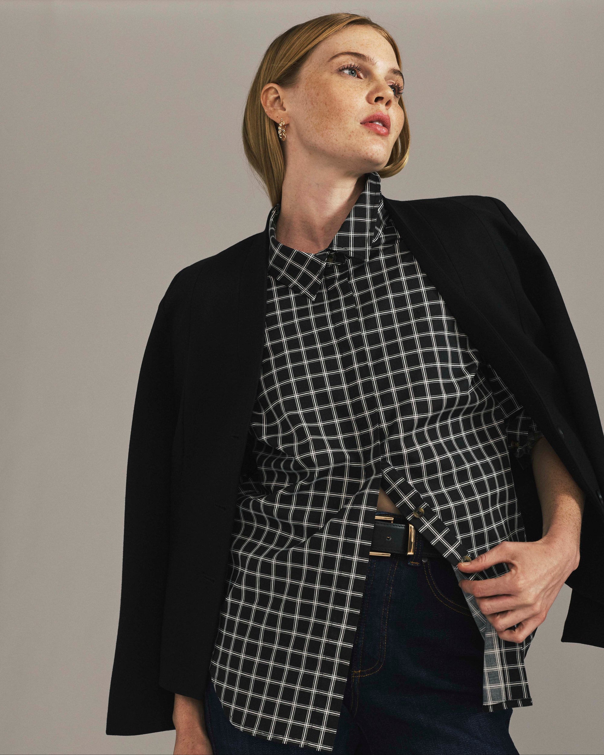 Elbe Stretch Poplin Shirt Classic Fit - Black Windowpane Check | Plus Size & Straight Size Women's Fashion | Universal Standard