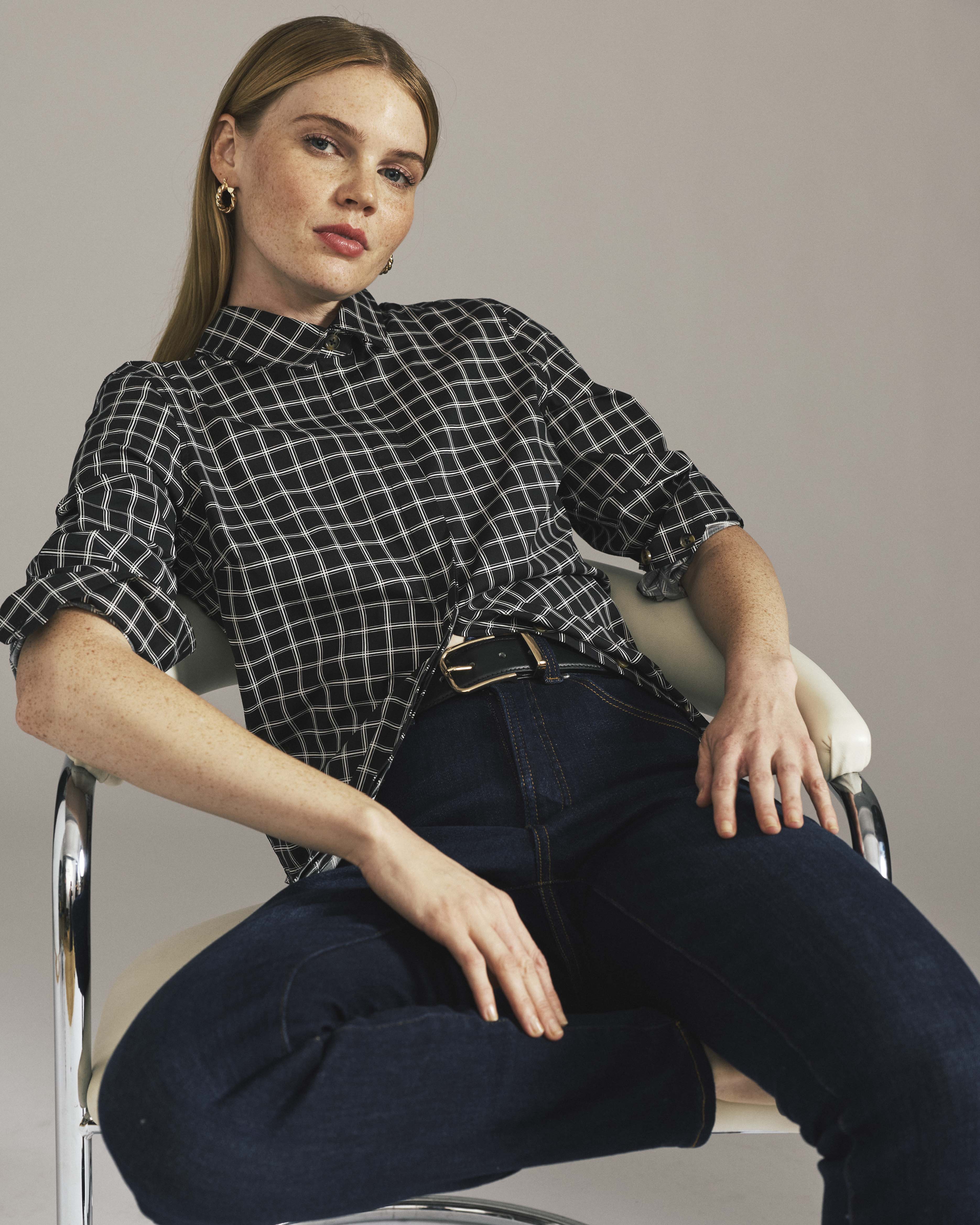 Elbe Stretch Poplin Shirt Classic Fit - Black Windowpane Check | Plus Size & Straight Size Women's Fashion | Universal Standard