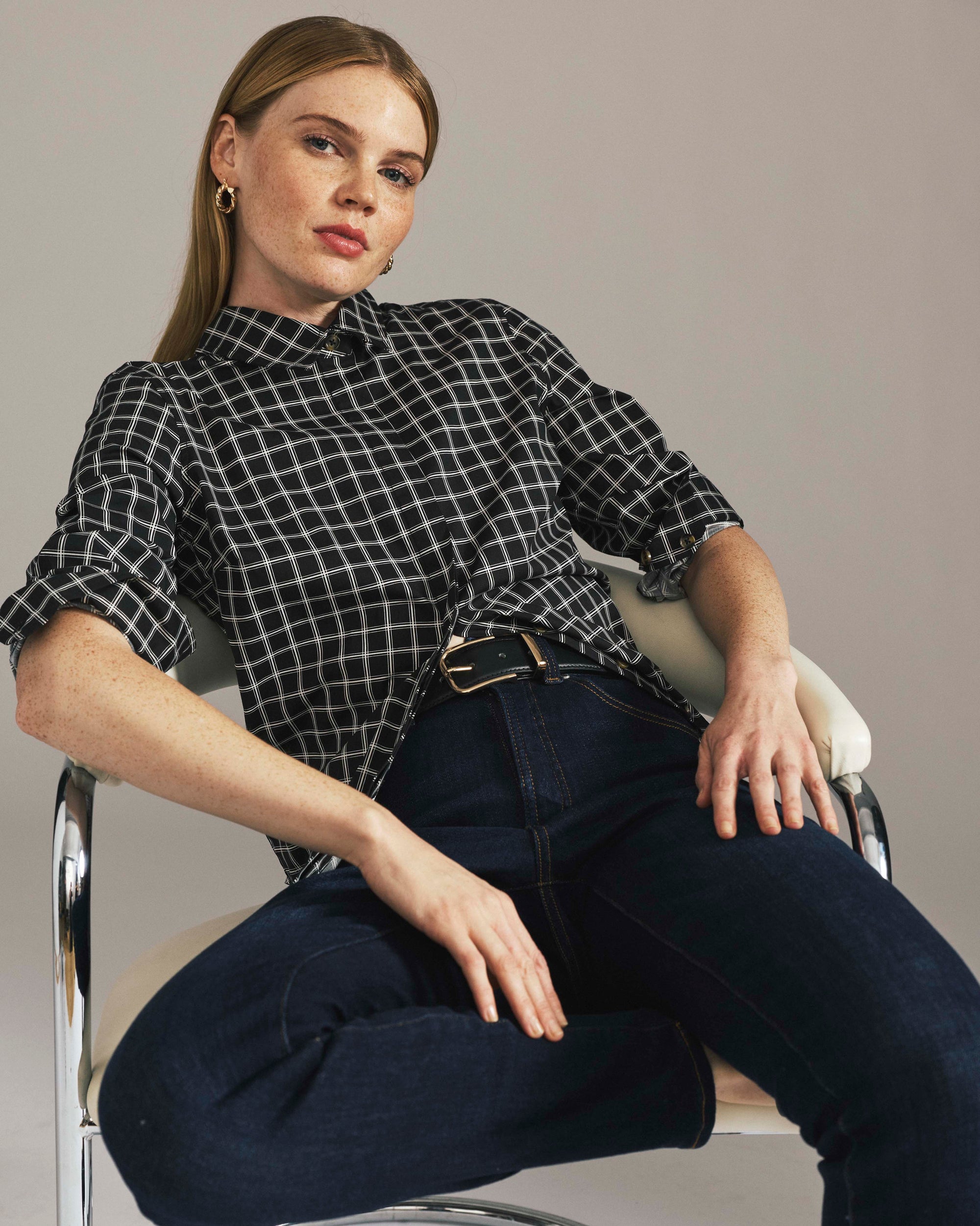Elbe Stretch Poplin Shirt Classic Fit - Black Windowpane Check | Plus Size & Straight Size Women's Fashion | Universal Standard