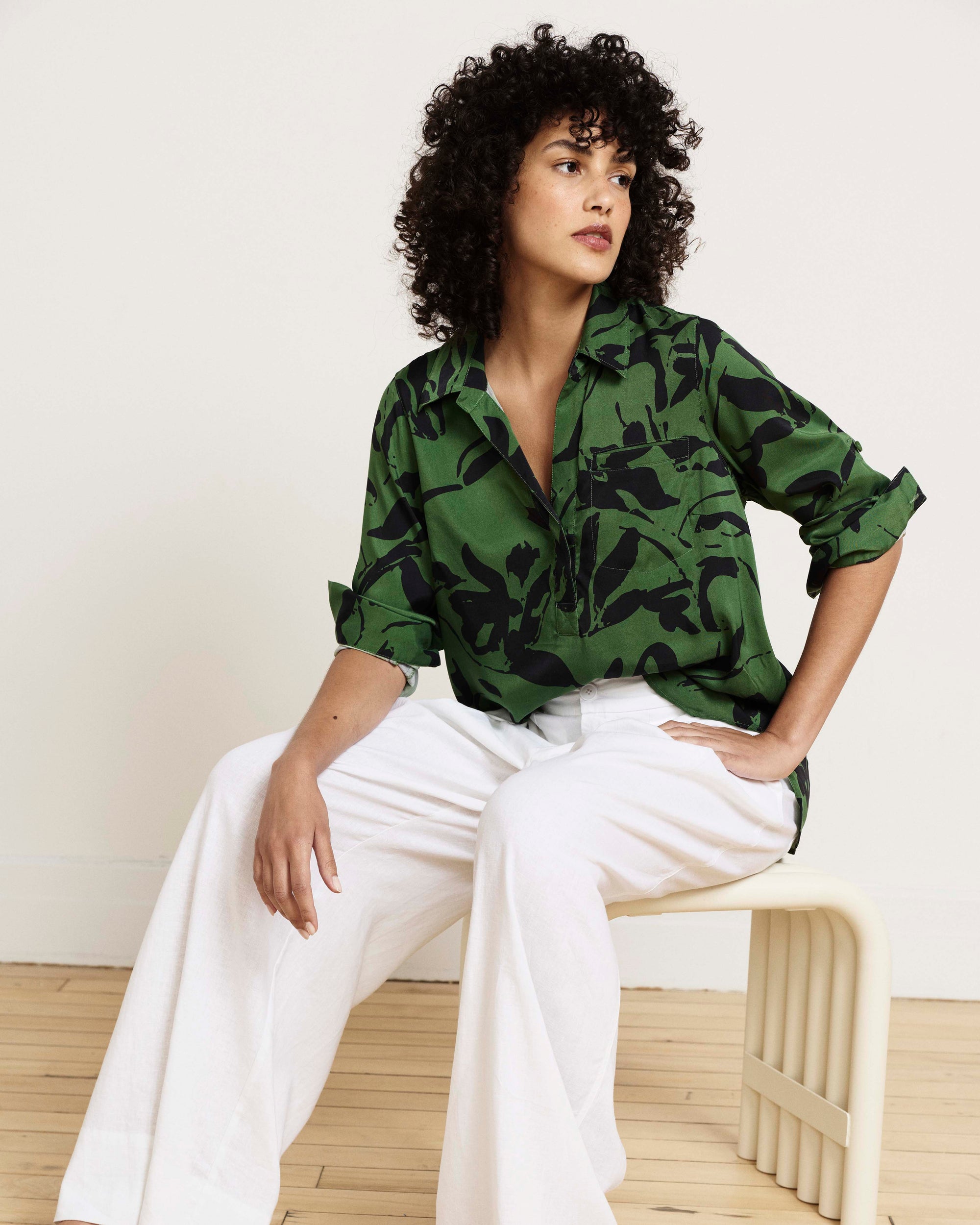 Button Back Stretch Cupro Polo Shirt - Green Sgrafitto Print | Plus Size & Straight Size Women's Fashion | Universal Standard