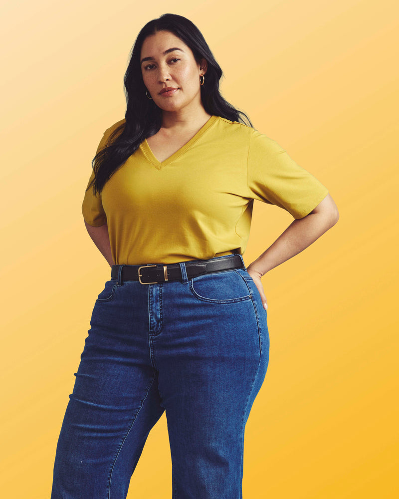 Maia Stovepipe Sleeve V Neck Tee - Yellow Ochre