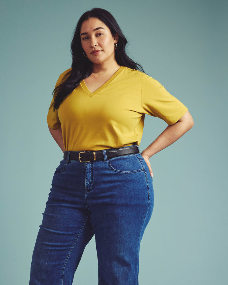 Maia Stovepipe Sleeve V Neck Tee - Yellow Ochre | Plus Size & Straight Size Women's Fashion | Universal Standard