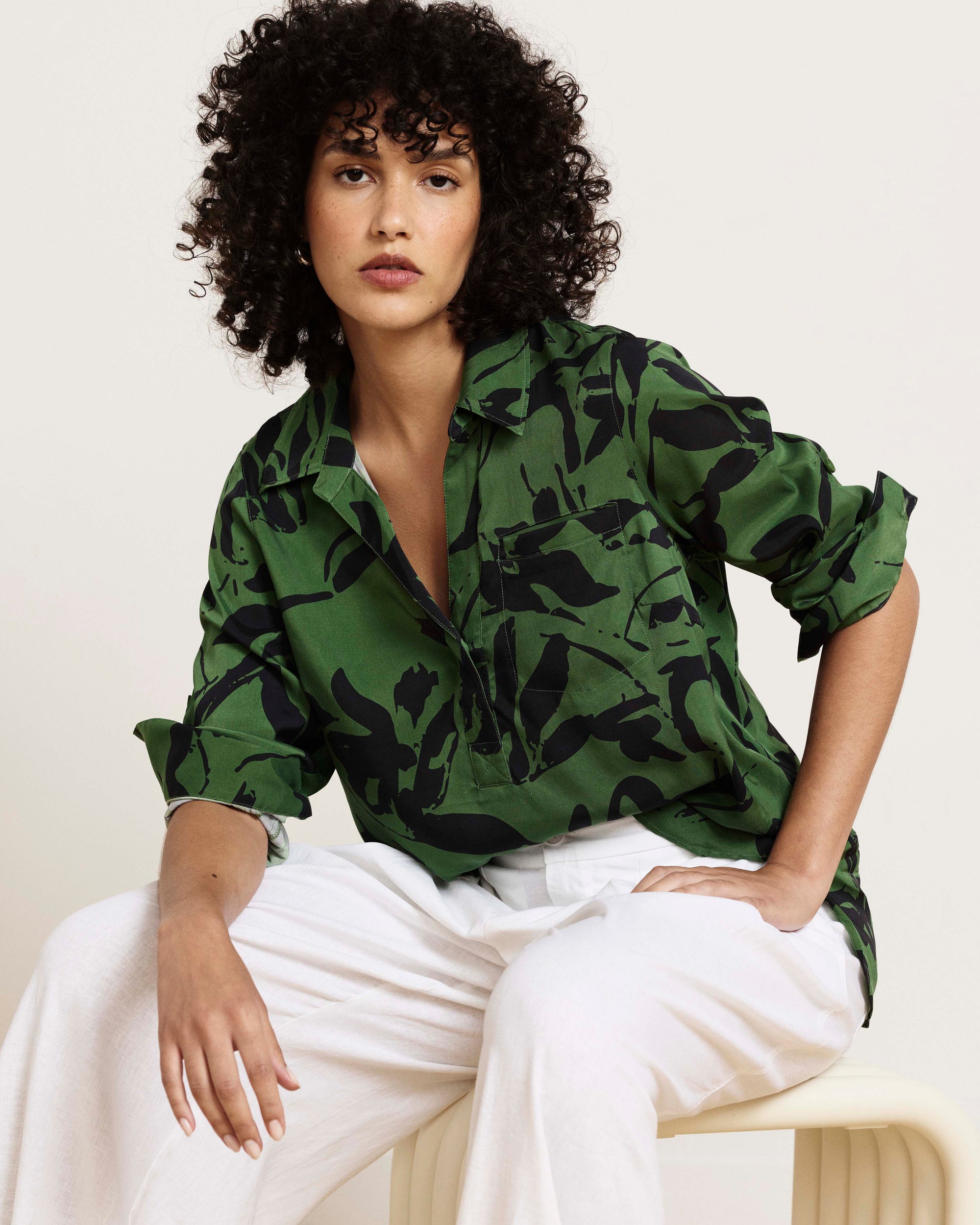 Button Back Stretch Cupro Polo Shirt - Green Sgrafitto Print | Plus Size & Straight Size Women's Fashion | Universal Standard