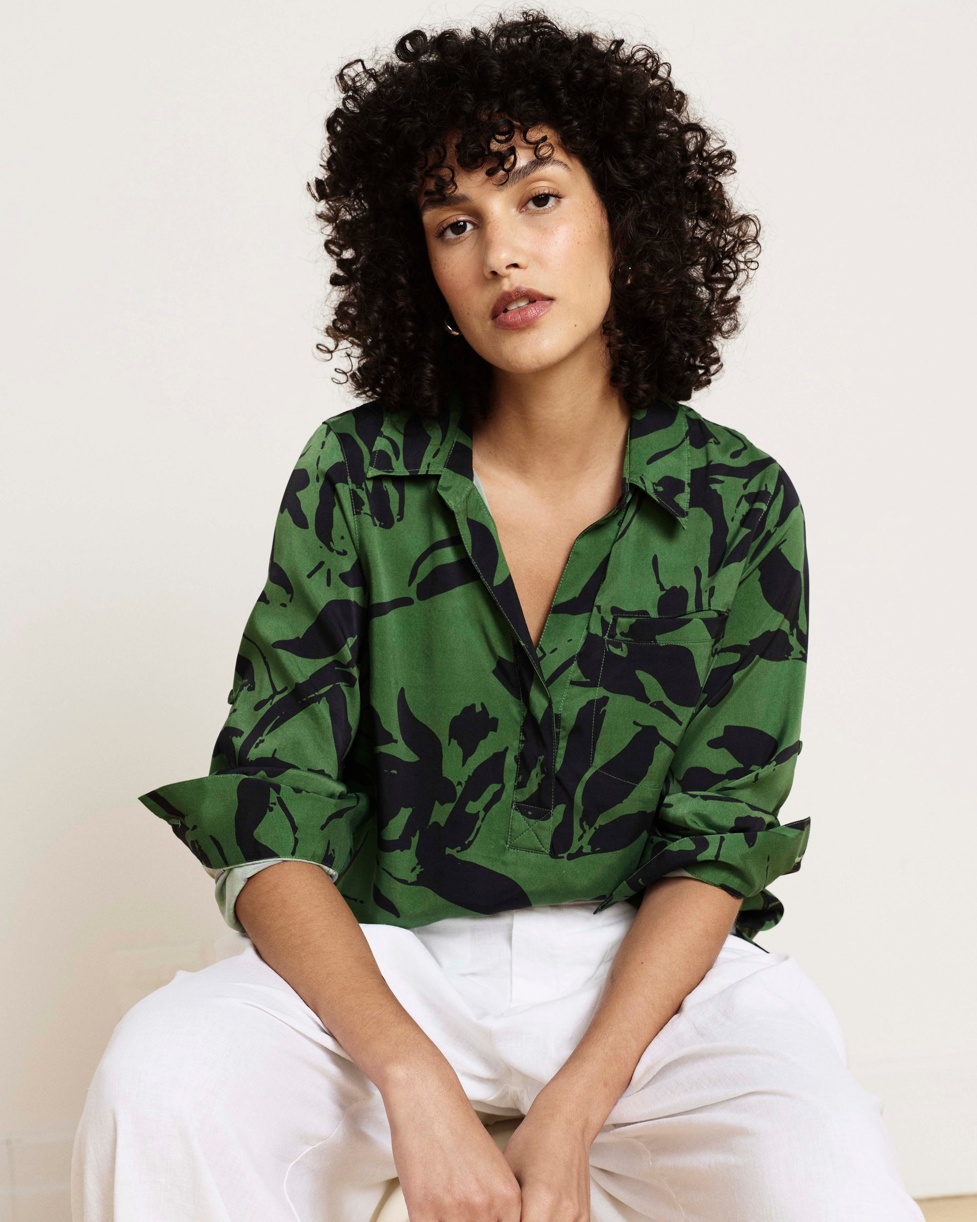 Button Back Stretch Cupro Polo Shirt - Green Sgrafitto Print | Plus Size & Straight Size Women's Fashion | Universal Standard
