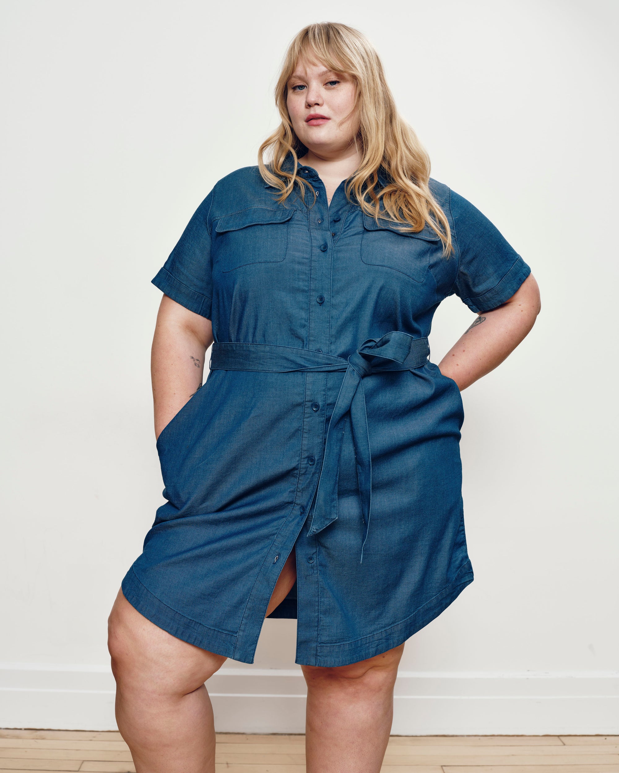 Perfect Tencel Chambray Short Sleeve Shirtdress - Midnight Blue | Plus Size & Straight Size Women's Fashion | Universal Standard
