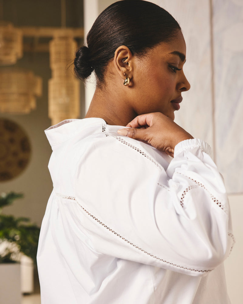 Woman wearing Saint-Honore Poplin Blouse - White from Universal Standard