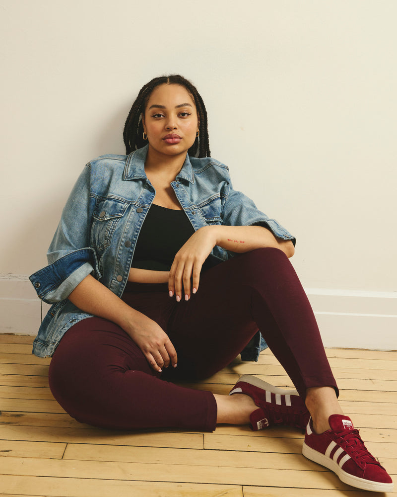 Woman wearing Roya Cropped Leggings 23 Inch - Black Cherry from Universal Standard