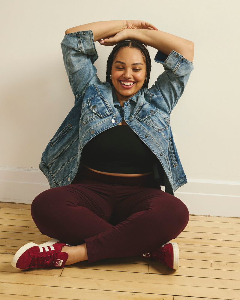 Woman wearing Roya Cropped Leggings 23 Inch - Black Cherry from Universal Standard