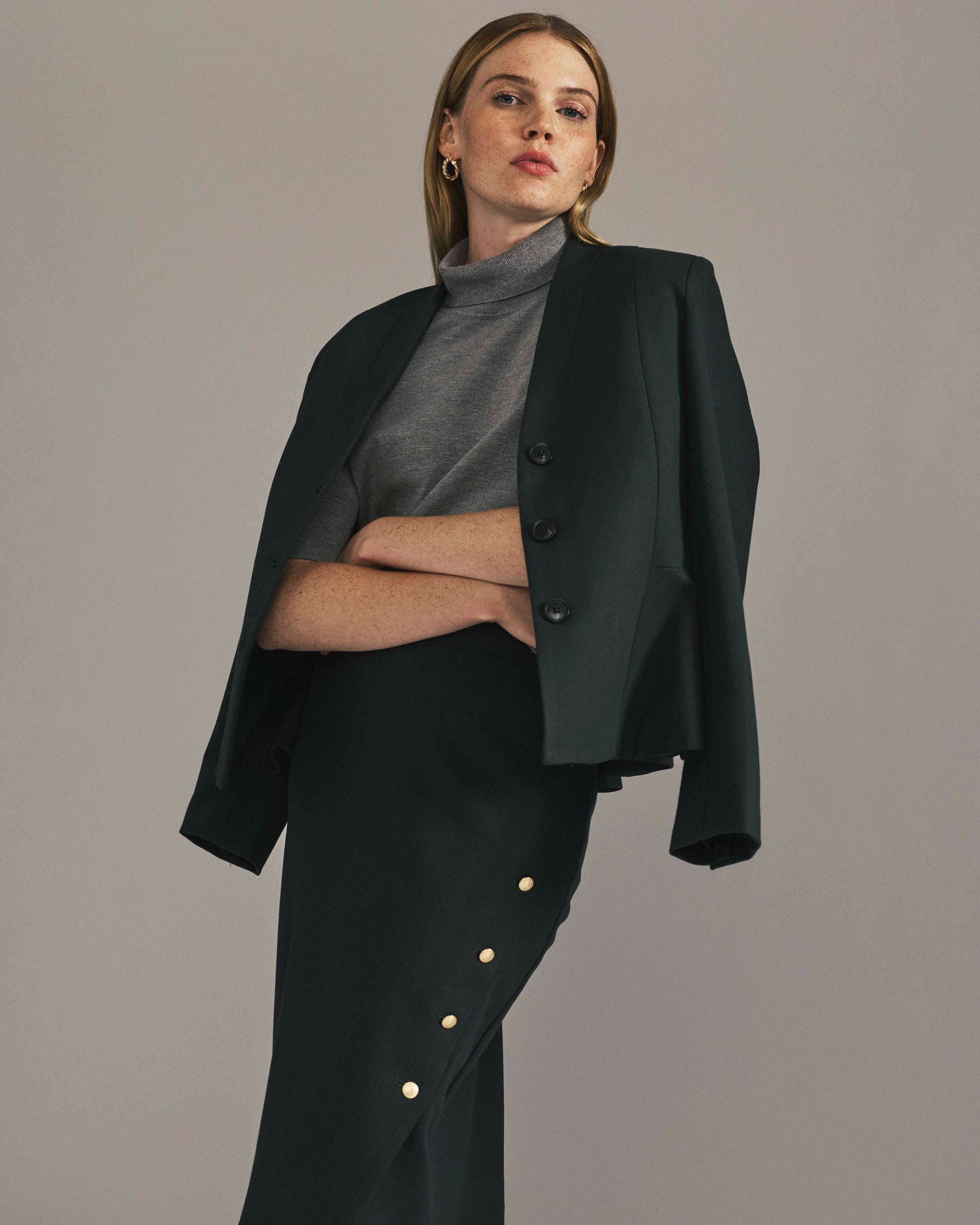 Anya Ponte Skirt - Green Gemstone with Gold Buttons | Plus Size & Straight Size Women's Fashion | Universal Standard