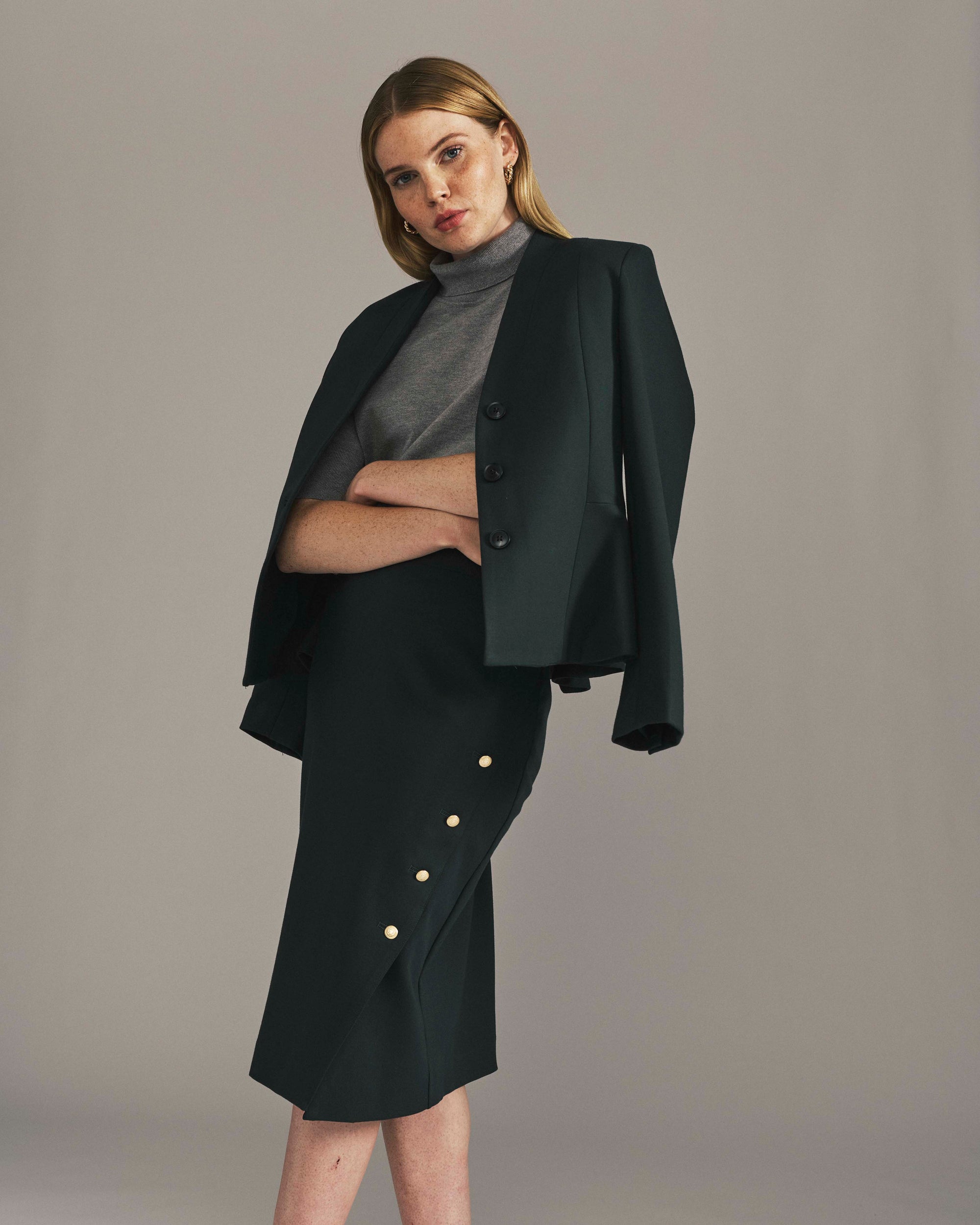 Anya Ponte Skirt - Green Gemstone with Gold Buttons | Plus Size & Straight Size Women's Fashion | Universal Standard