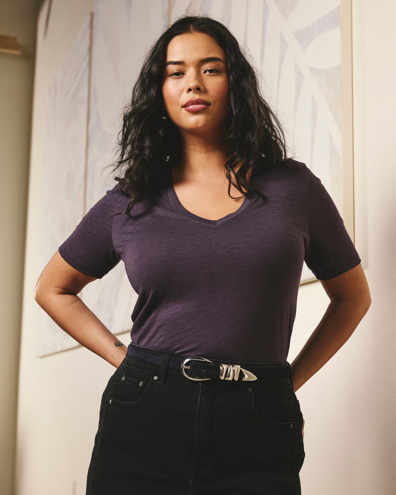 Woman wearing Light-As-Air V Rex - Purple Jewel from Universal Standard