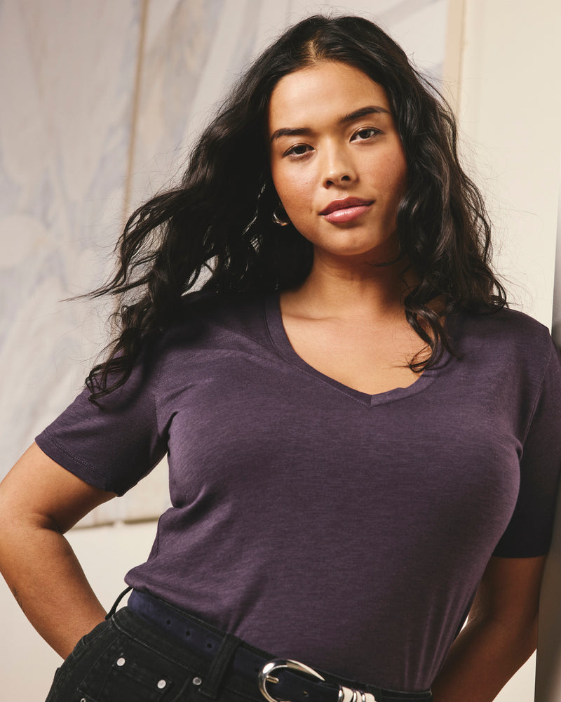 Woman wearing Light-As-Air V Rex - Purple Jewel from Universal Standard