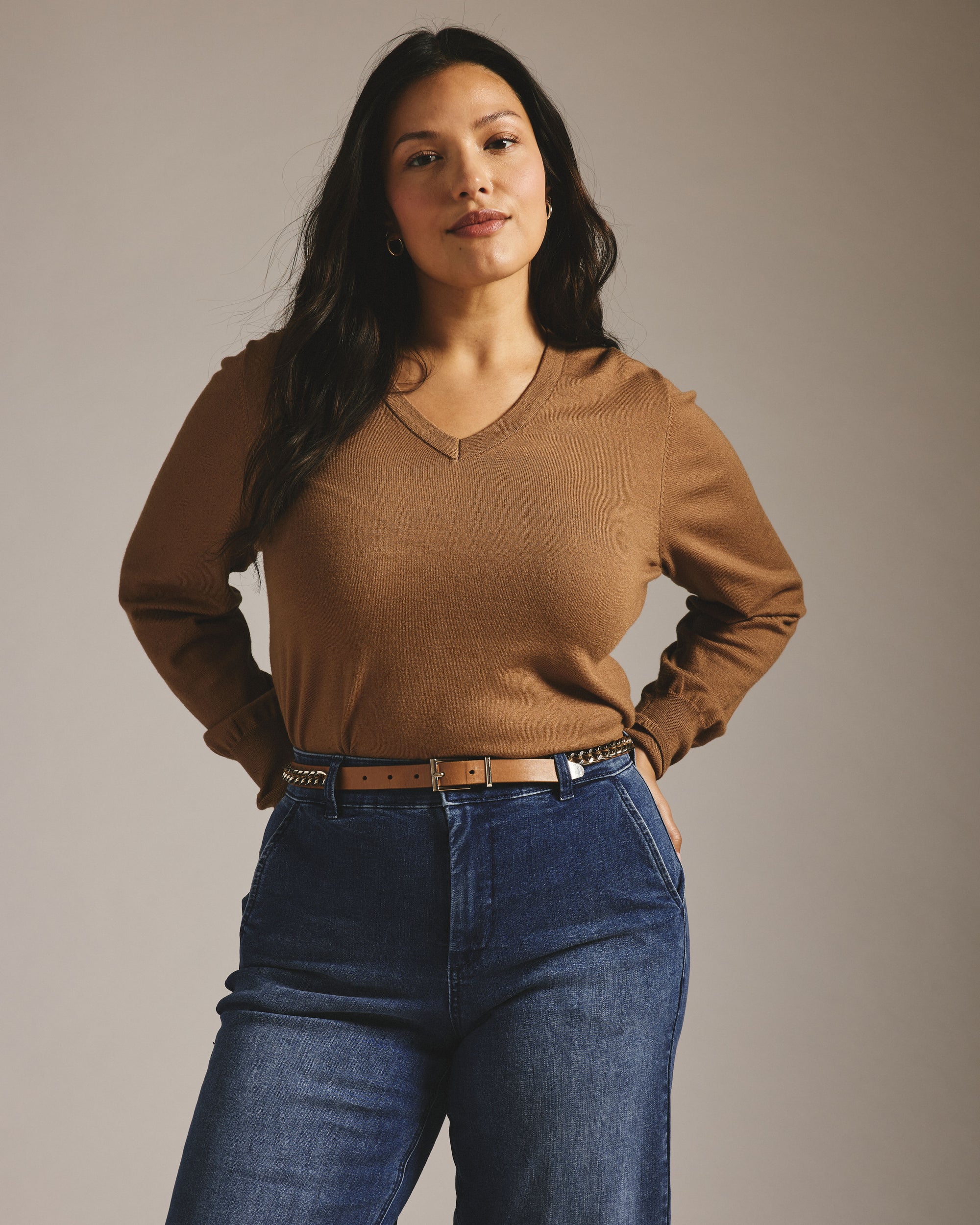 Savvy Fine Knit V Sweater - Classic Camel