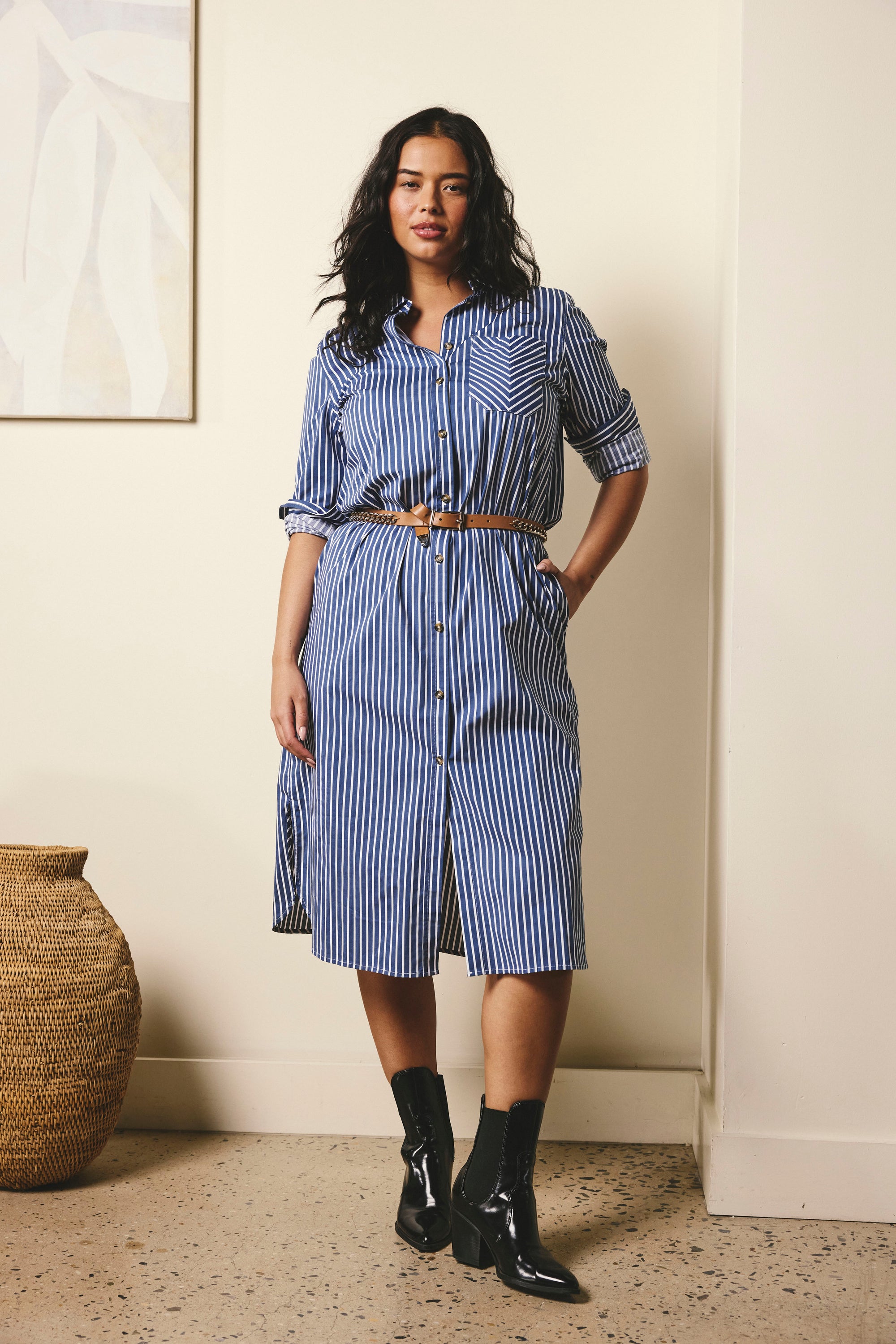 Woman wearing Odeon Stretch Poplin Shirtdress - Ensign Blue/White Stripe from Universal Standard