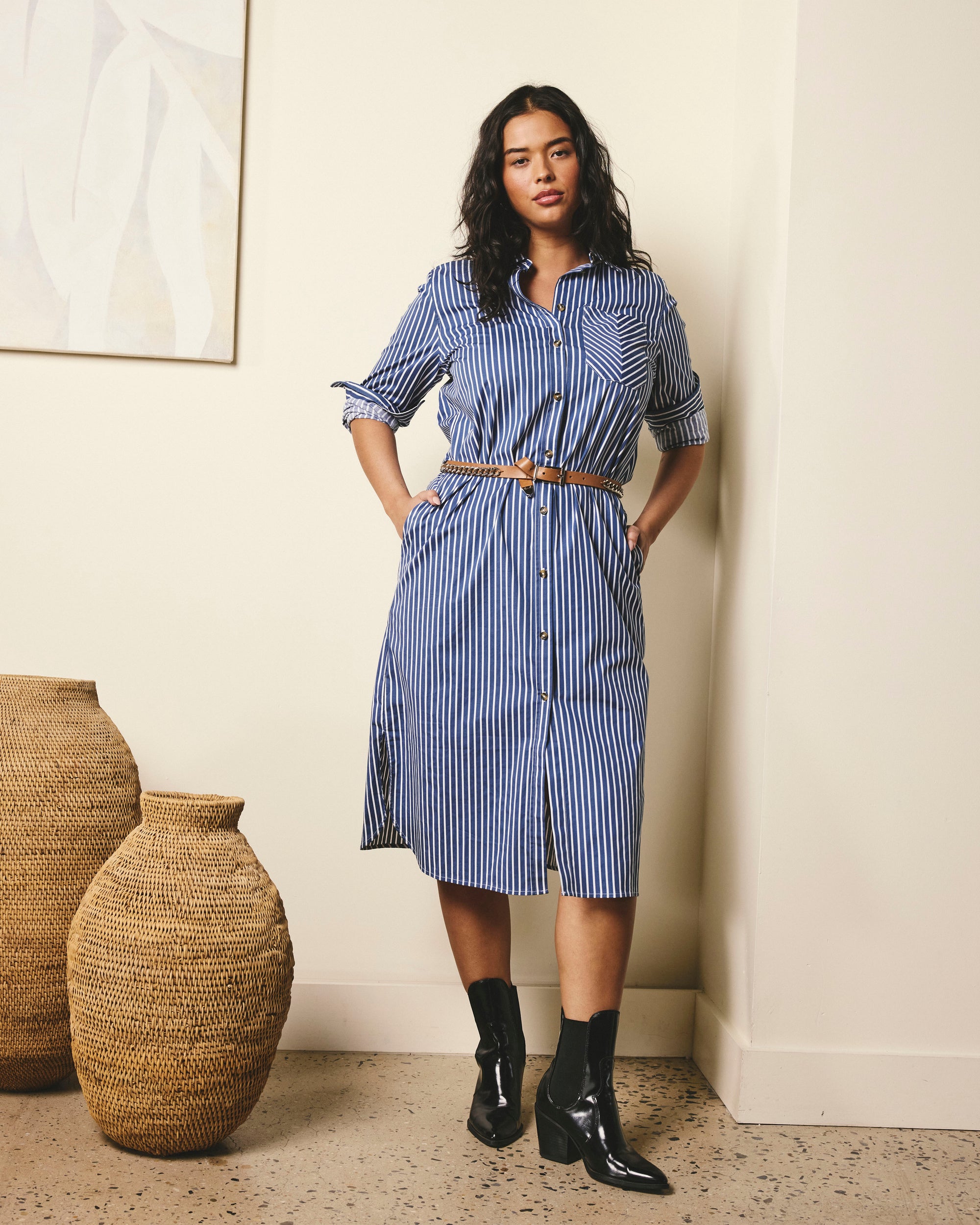 Woman wearing Odeon Stretch Poplin Shirtdress - Ensign Blue/White Stripe from Universal Standard