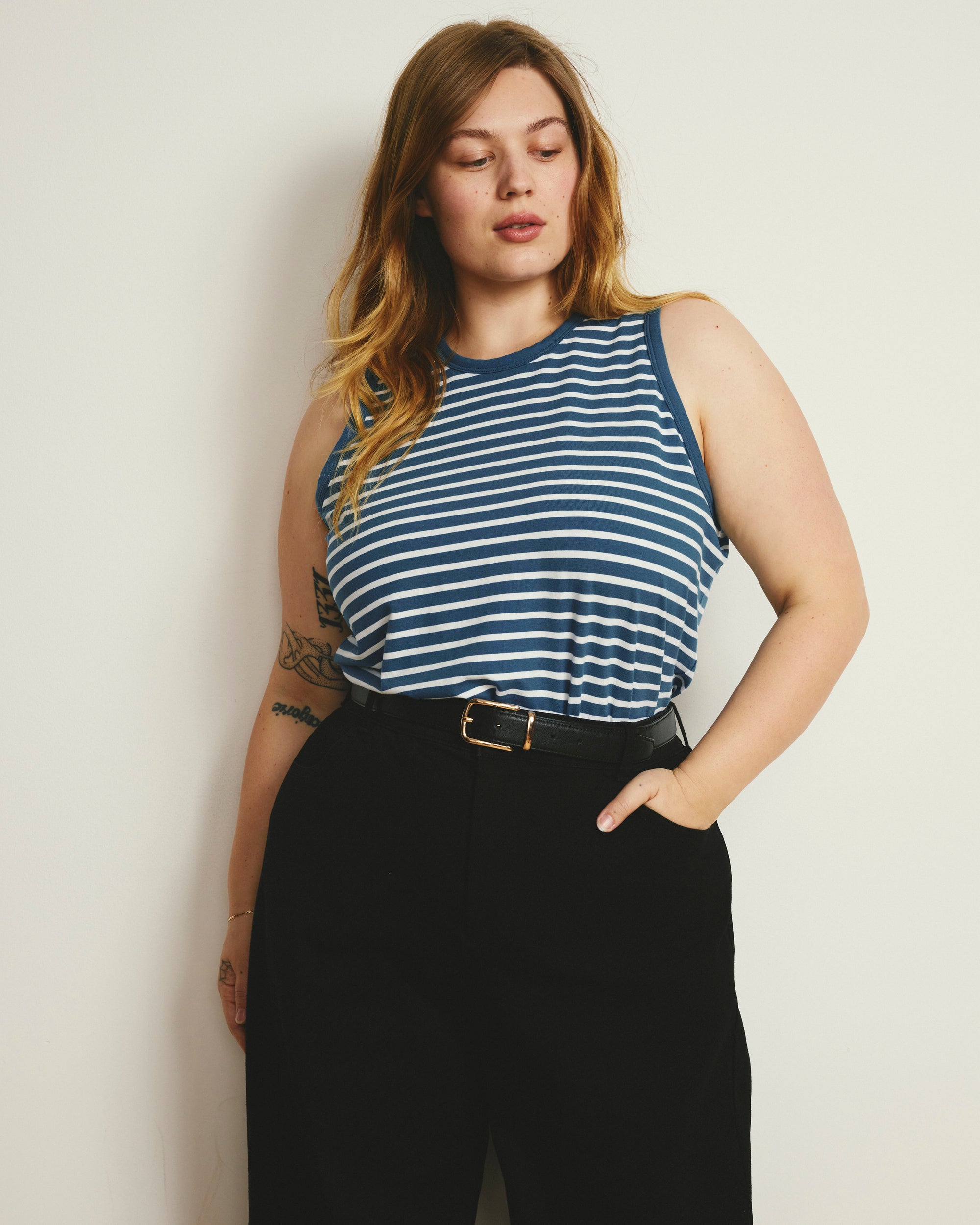 Cai High Neck Tank - Ink Blue/White Stripe | Plus Size & Straight Size Women's Fashion | Universal Standard