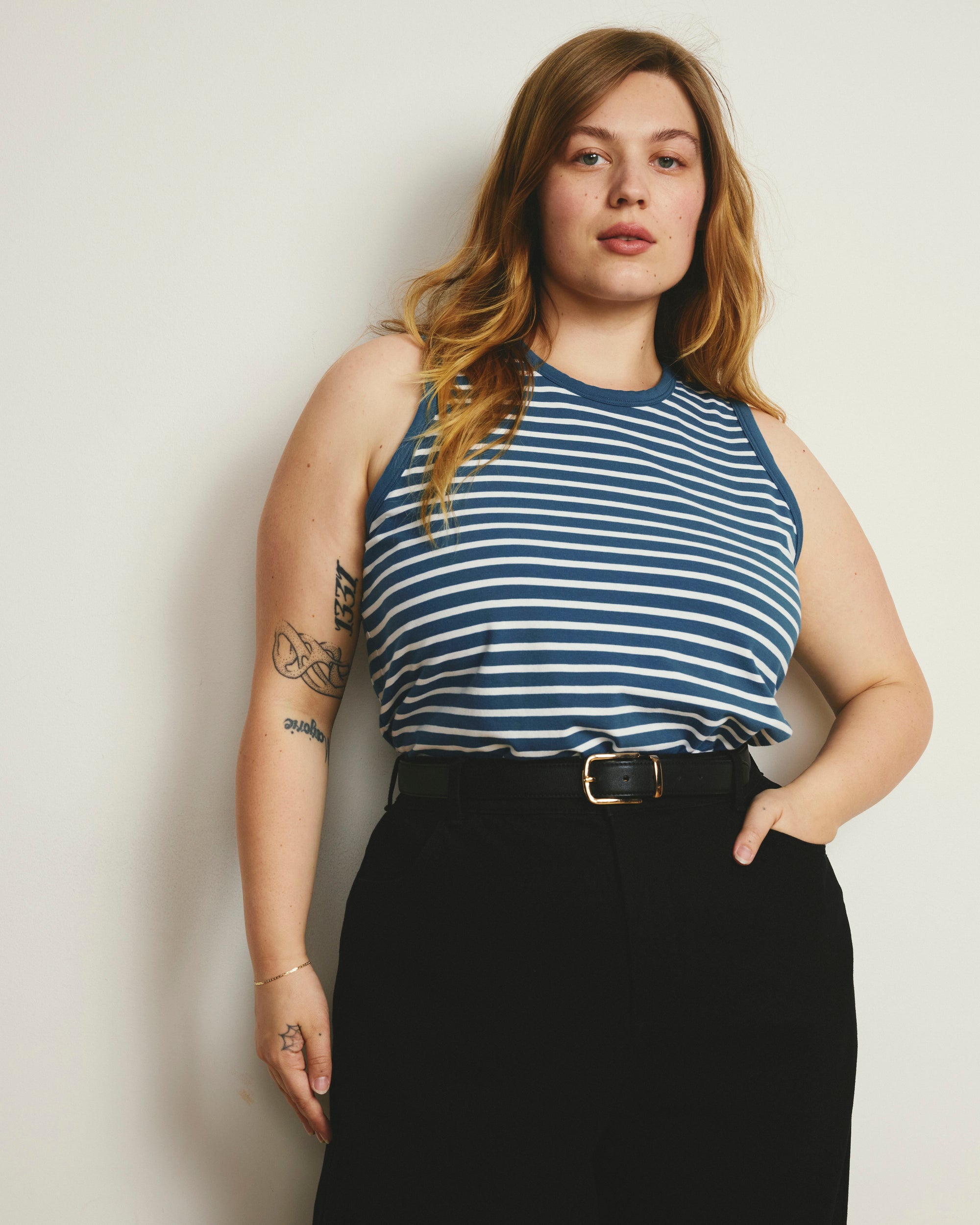 Cai High Neck Tank - Ink Blue/White Stripe | Plus Size & Straight Size Women's Fashion | Universal Standard
