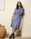 Woman wearing Odeon Stretch Poplin Shirtdress - Ensign Blue/White Stripe from Universal Standard