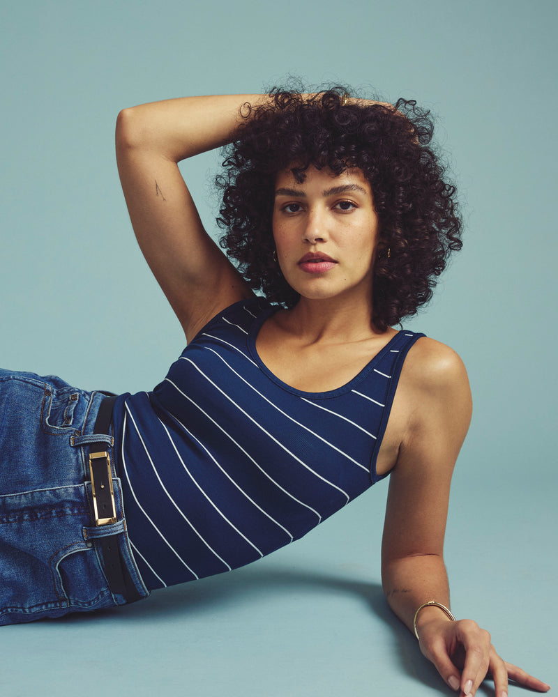 Cloud Rib Tank - Teal/White Microstripe | Plus Size & Straight Size Women's Fashion | Universal Standard