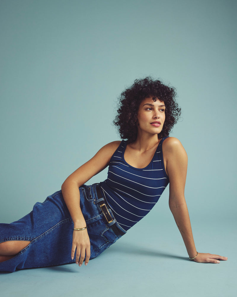 Cloud Rib Tank - Teal/White Microstripe | Plus Size & Straight Size Women's Fashion | Universal Standard