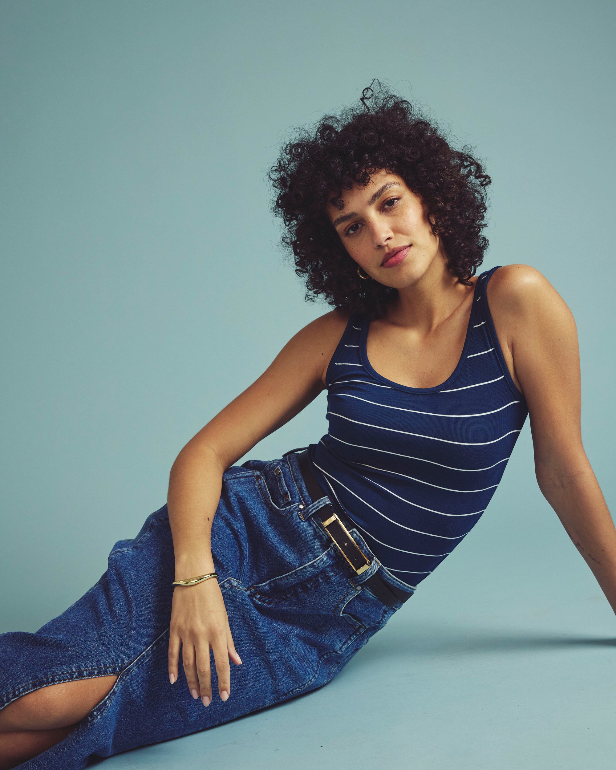 Cloud Rib Tank - Teal/White Microstripe | Plus Size & Straight Size Women's Fashion | Universal Standard