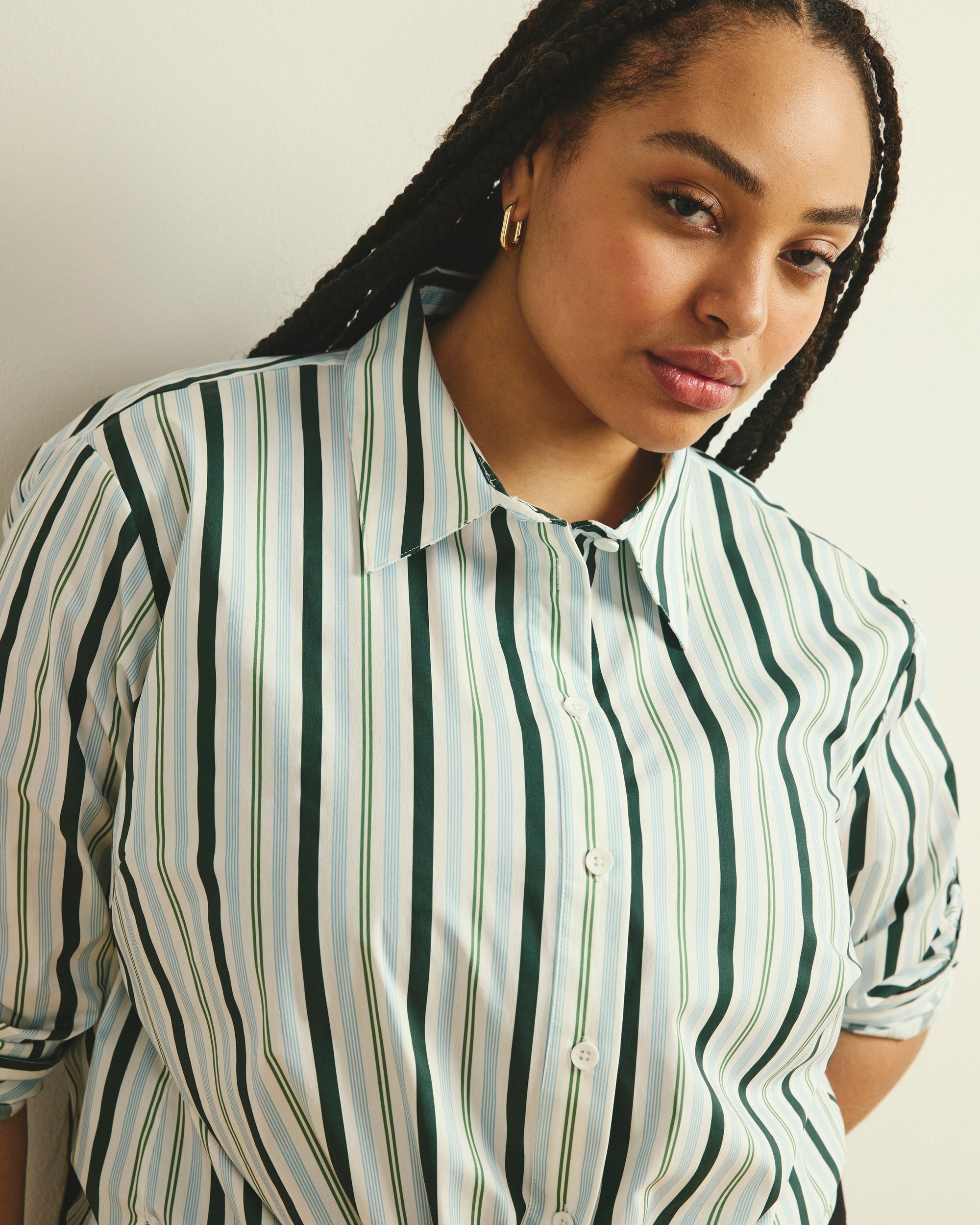 The Artist Poplin Shirt - Forest Green Multi Stripe | Plus Size & Straight Size Women's Fashion | Universal Standard