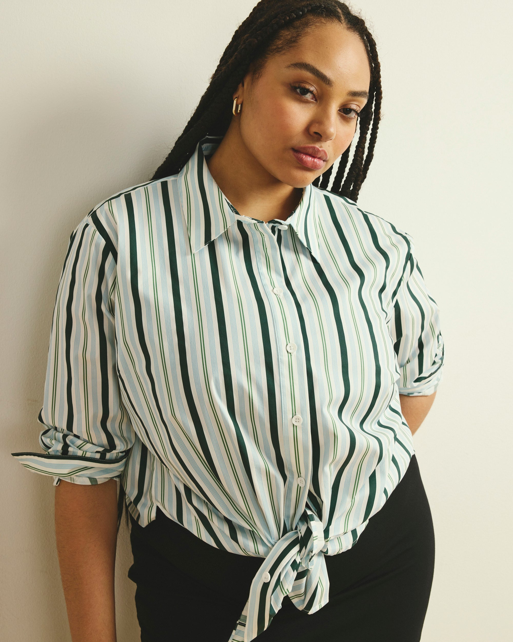 The Artist Poplin Shirt - Forest Green Multi Stripe | Plus Size & Straight Size Women's Fashion | Universal Standard