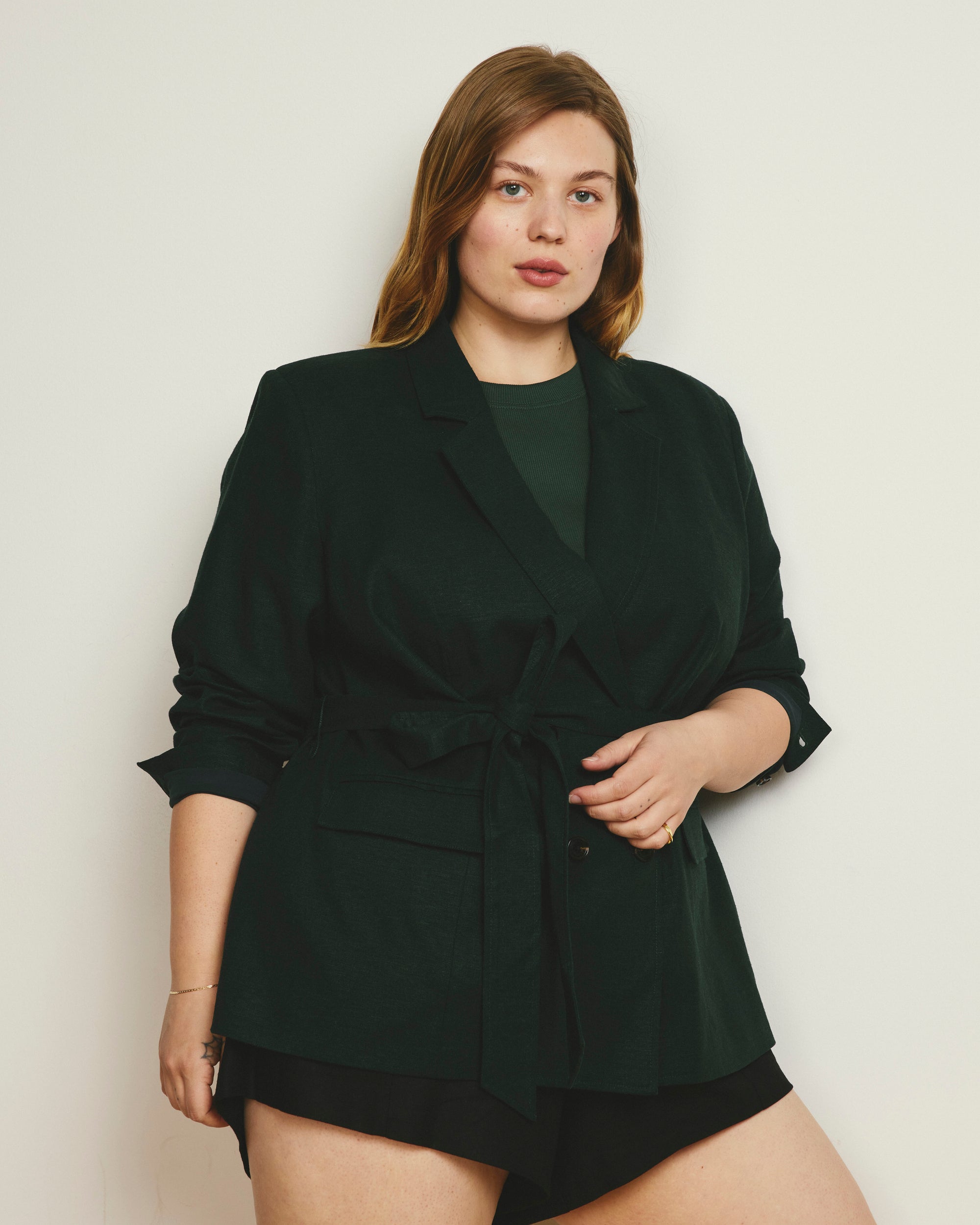 Belted Double Breasted Linen Blend Blazer - Forest Green | Plus Size & Straight Size Women's Fashion | Universal Standard