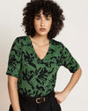 Lily Liquid Jersey V-Neck Stovepipe Tee - Green Sgrafitto Print | Plus Size & Straight Size Women's Fashion | Universal Standard