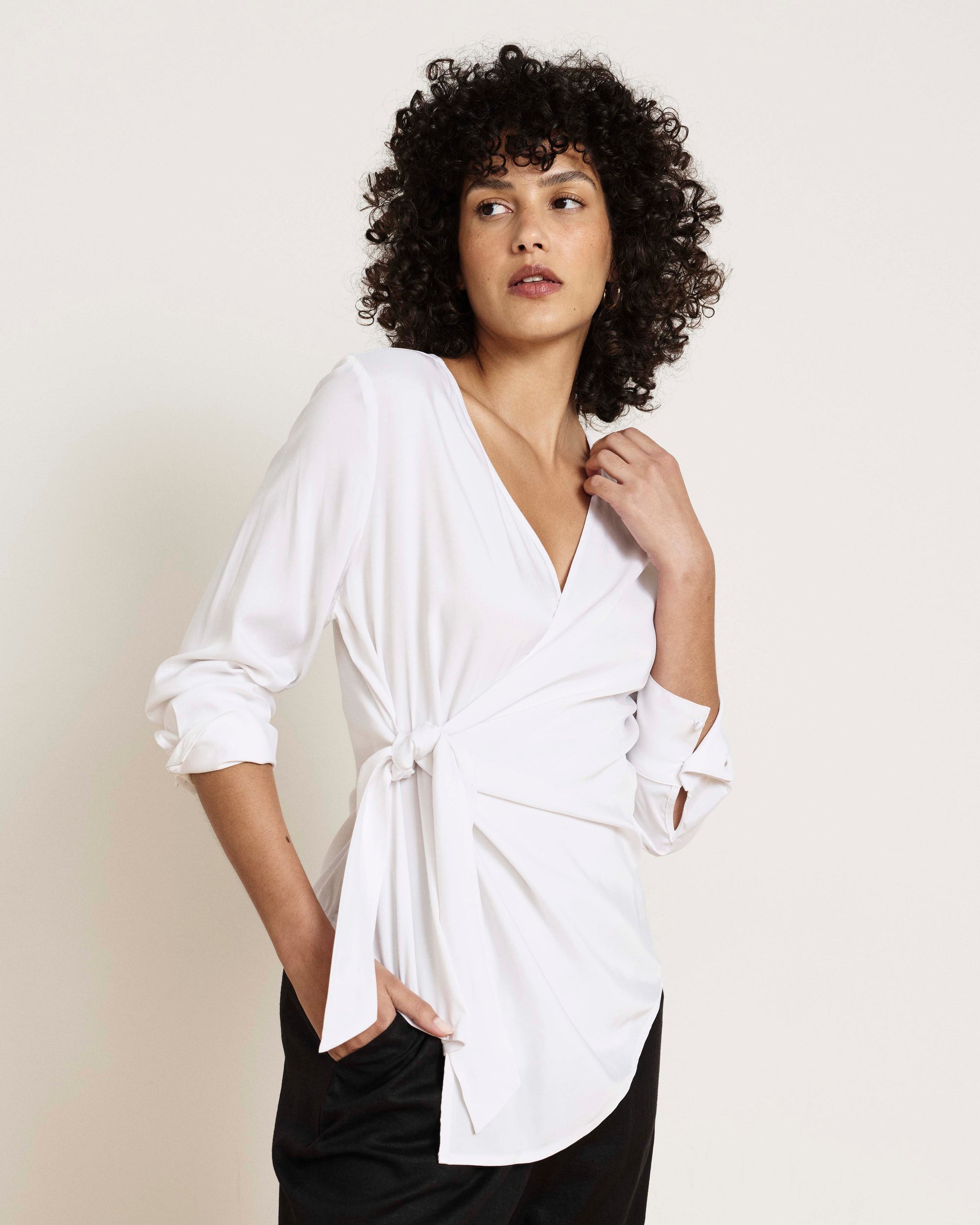Beacon Stretch Cupro Wrap Shirt - White | Plus Size & Straight Size Women's Fashion | Universal Standard
