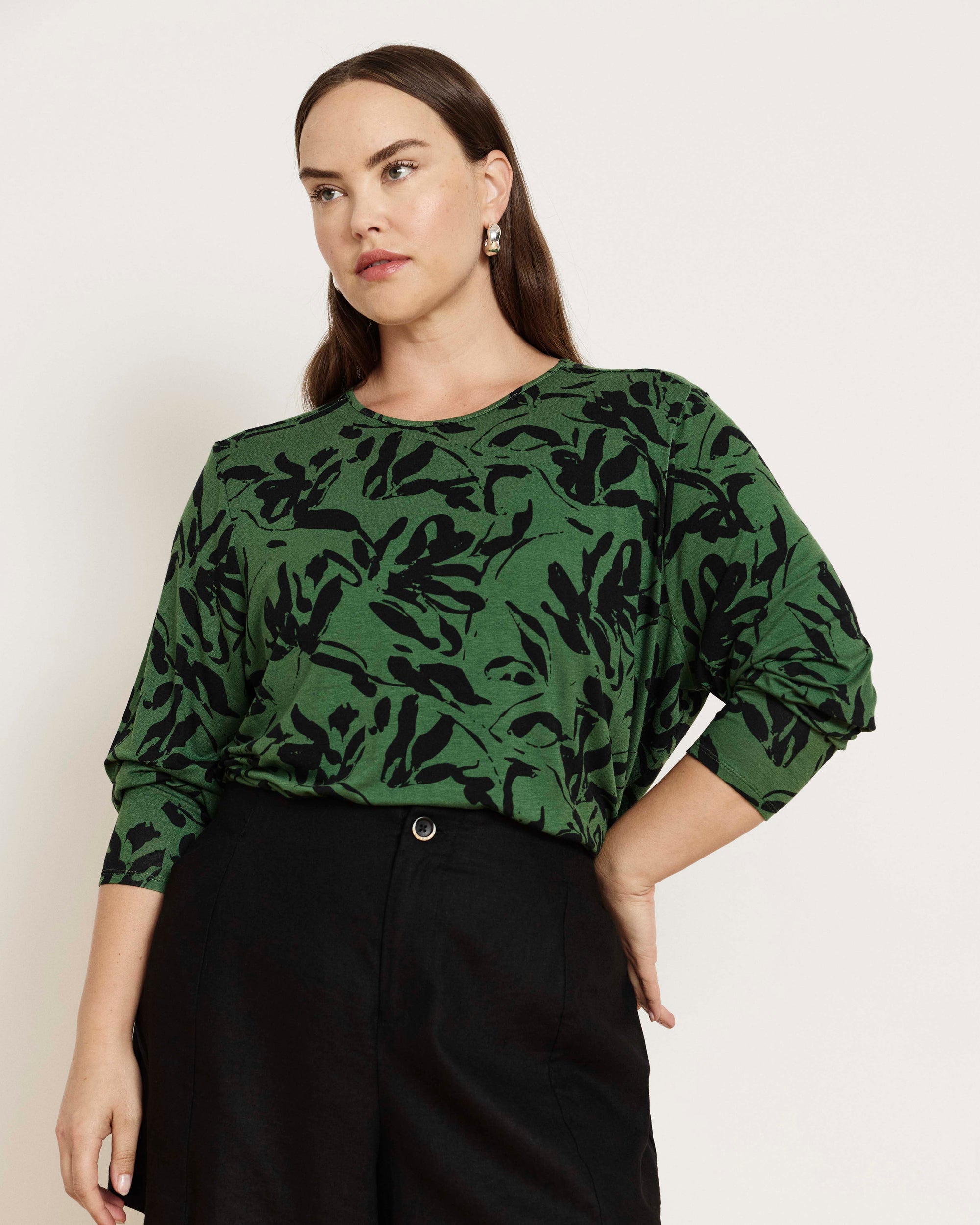 Joan Liquid Jersey Long Sleeve Top - Green Sgrafitto Print | Plus Size & Straight Size Women's Fashion | Universal Standard
