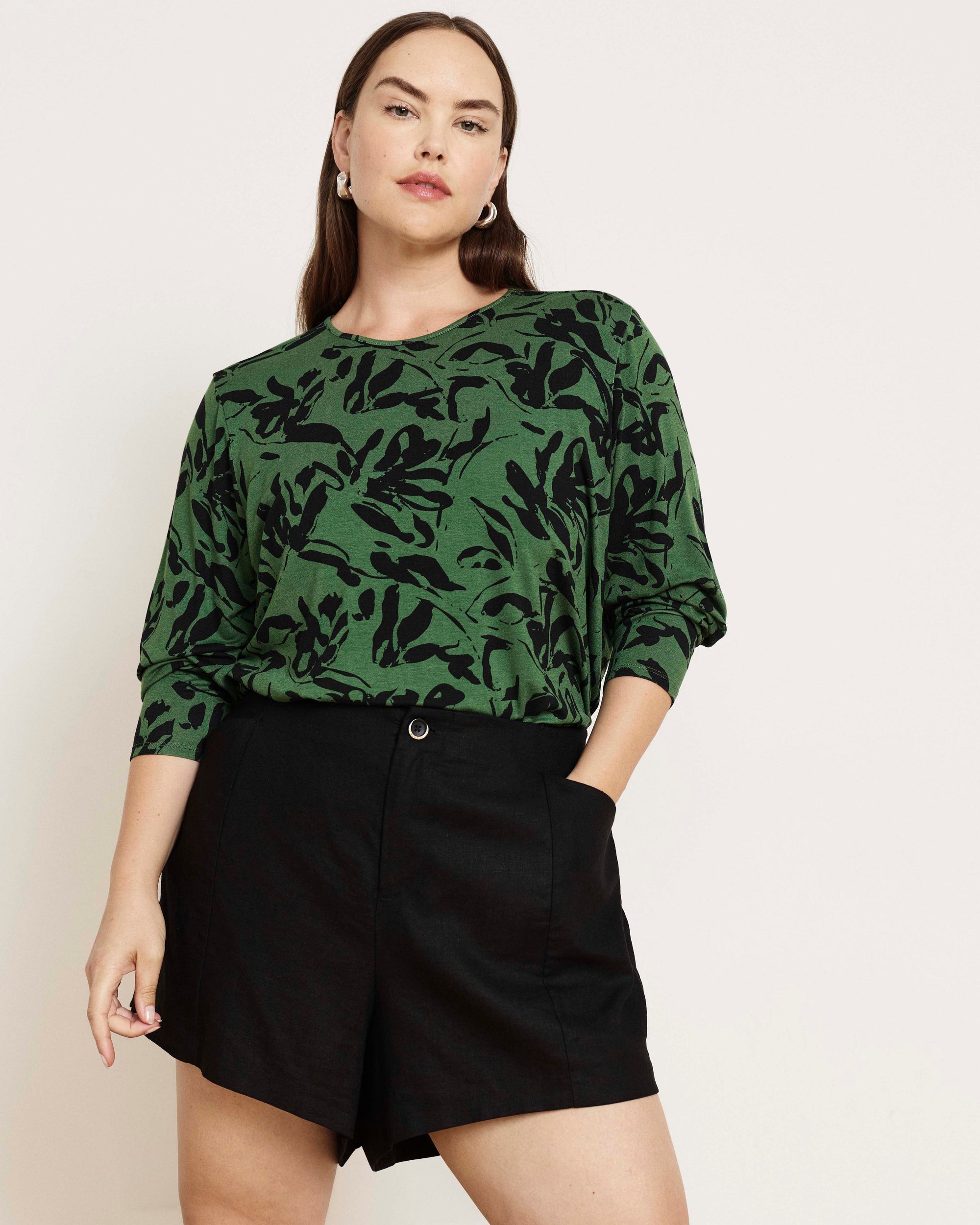 Joan Liquid Jersey Long Sleeve Top - Green Sgrafitto Print | Plus Size & Straight Size Women's Fashion | Universal Standard