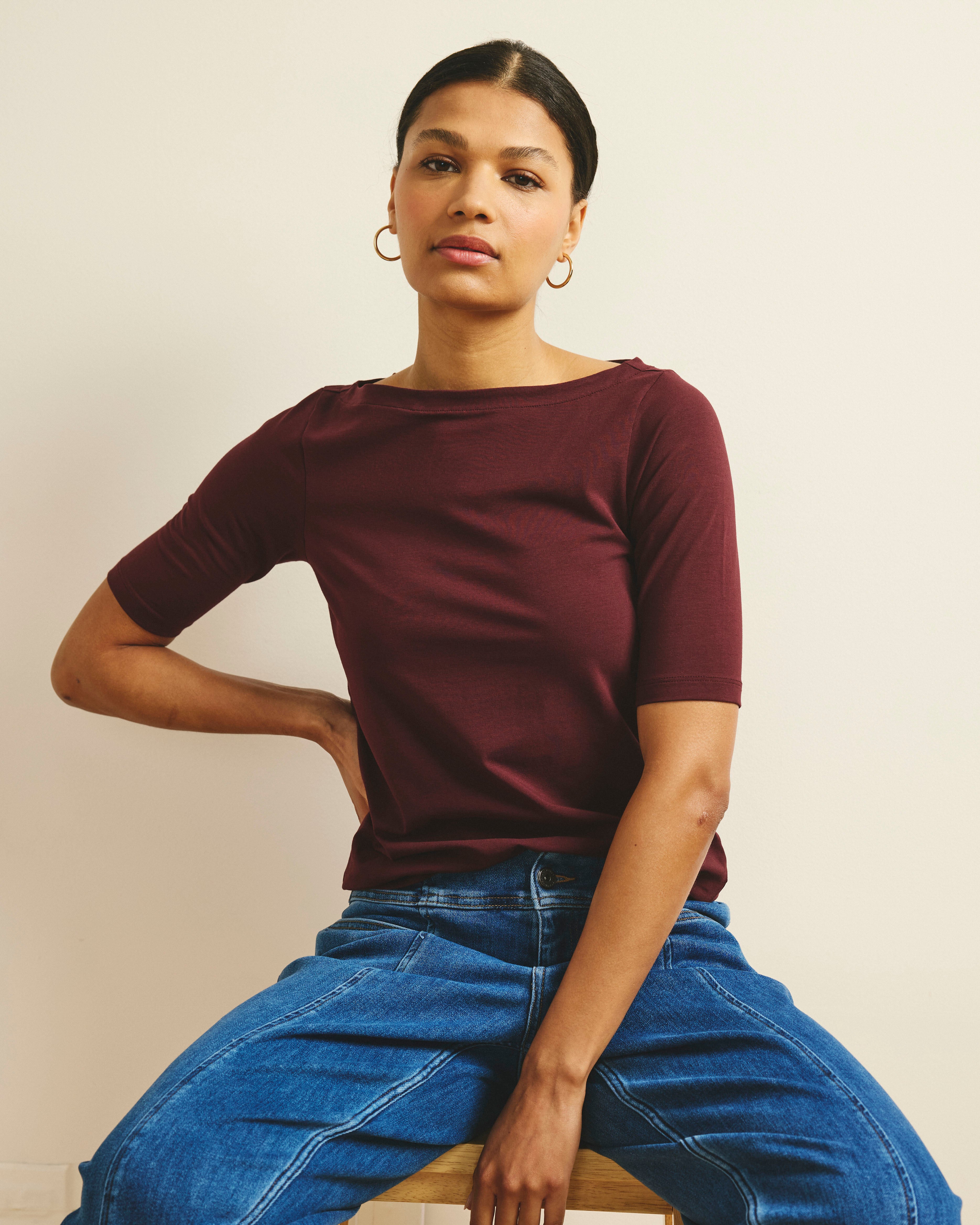 トップス Meravel Border Boat Neck Tee Bella Boatneck Tee - Black Cherry – Universal Standard