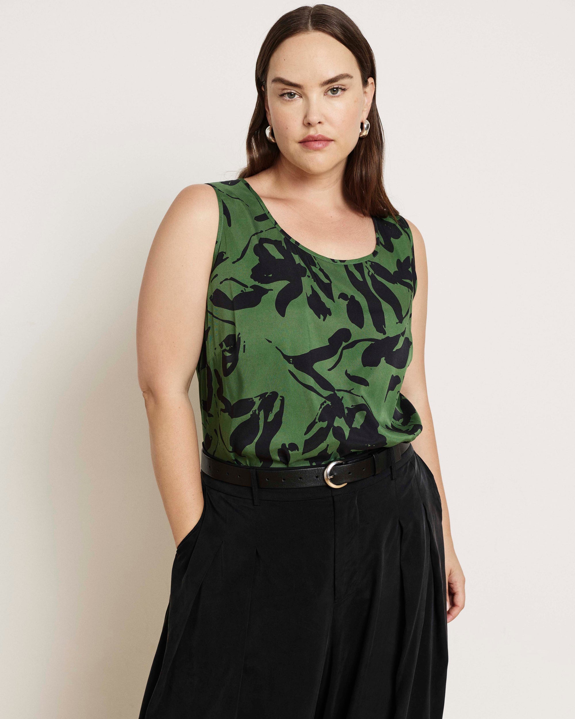 Cooling Stretch Cupro Tank - Green Sgrafitto Print | Plus Size & Straight Size Women's Fashion | Universal Standard