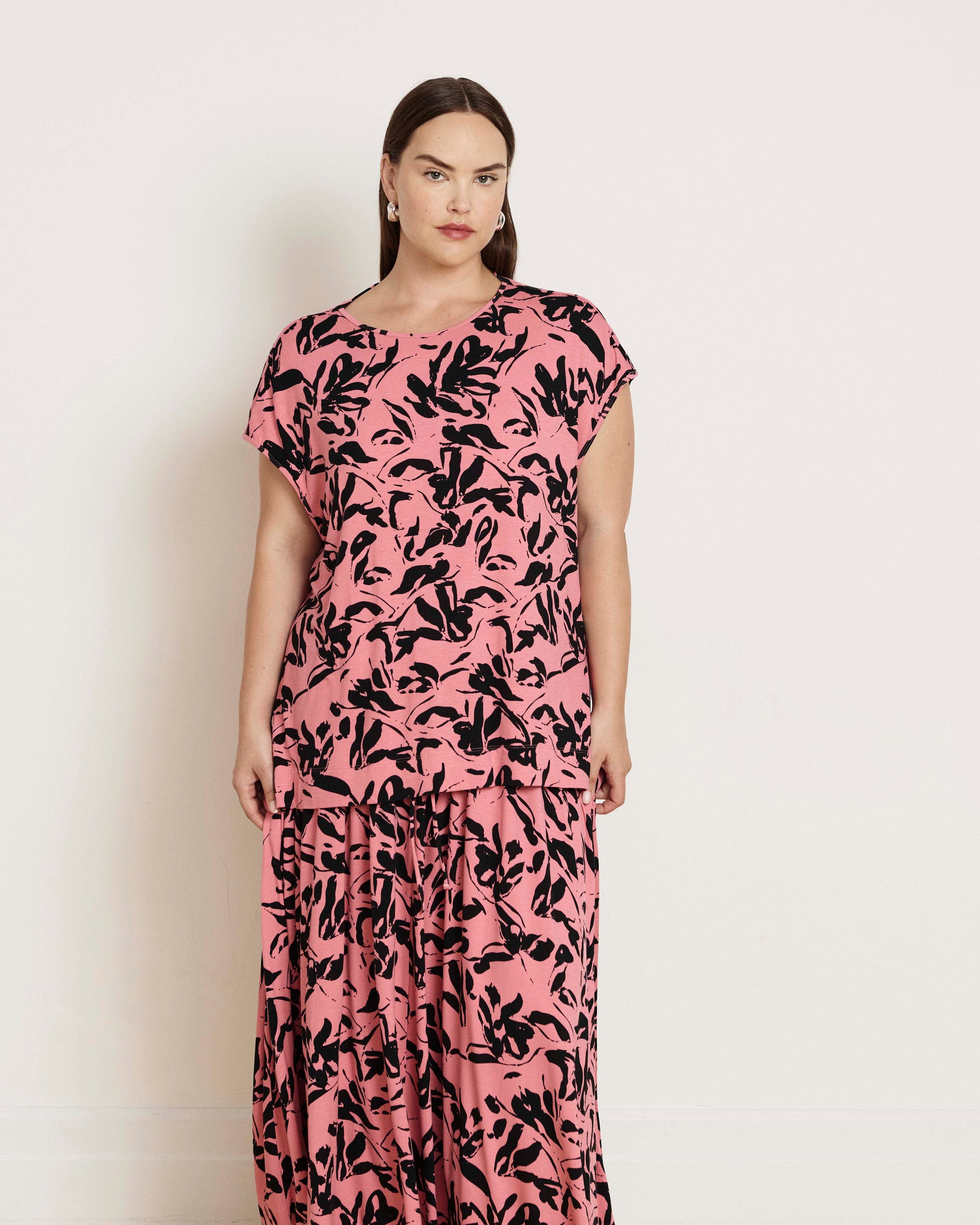 Alida Draped Liquid Jersey Top - Pink Sgraffito Print | Plus Size & Straight Size Women's Fashion | Universal Standard