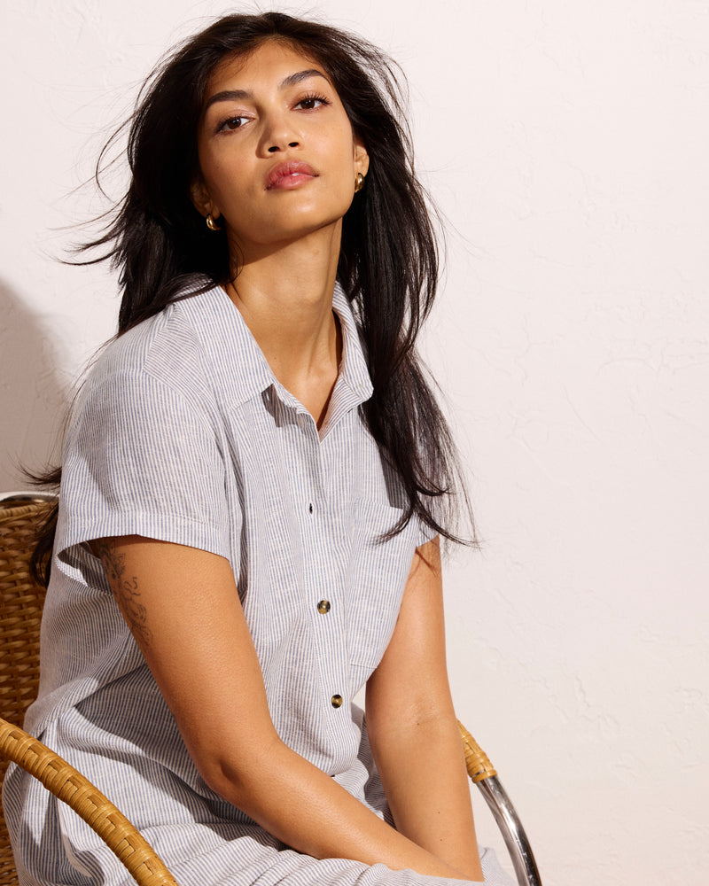 Woman wearing Dune Linen Shirtdress - Beach Stripe from Universal Standard