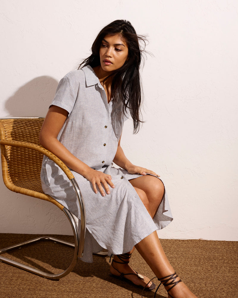 Woman wearing Dune Linen Shirtdress - Beach Stripe from Universal Standard
