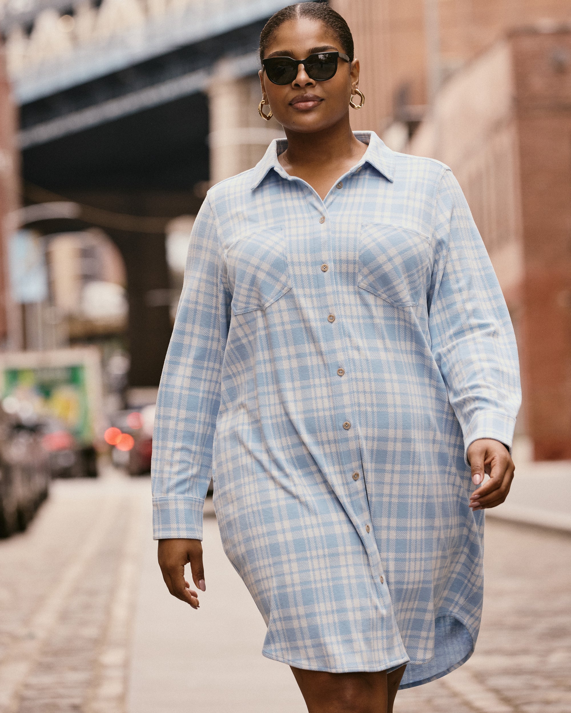 Maine Stretch Flannel Shirtdress - Teapot Whistle Blue Plaid