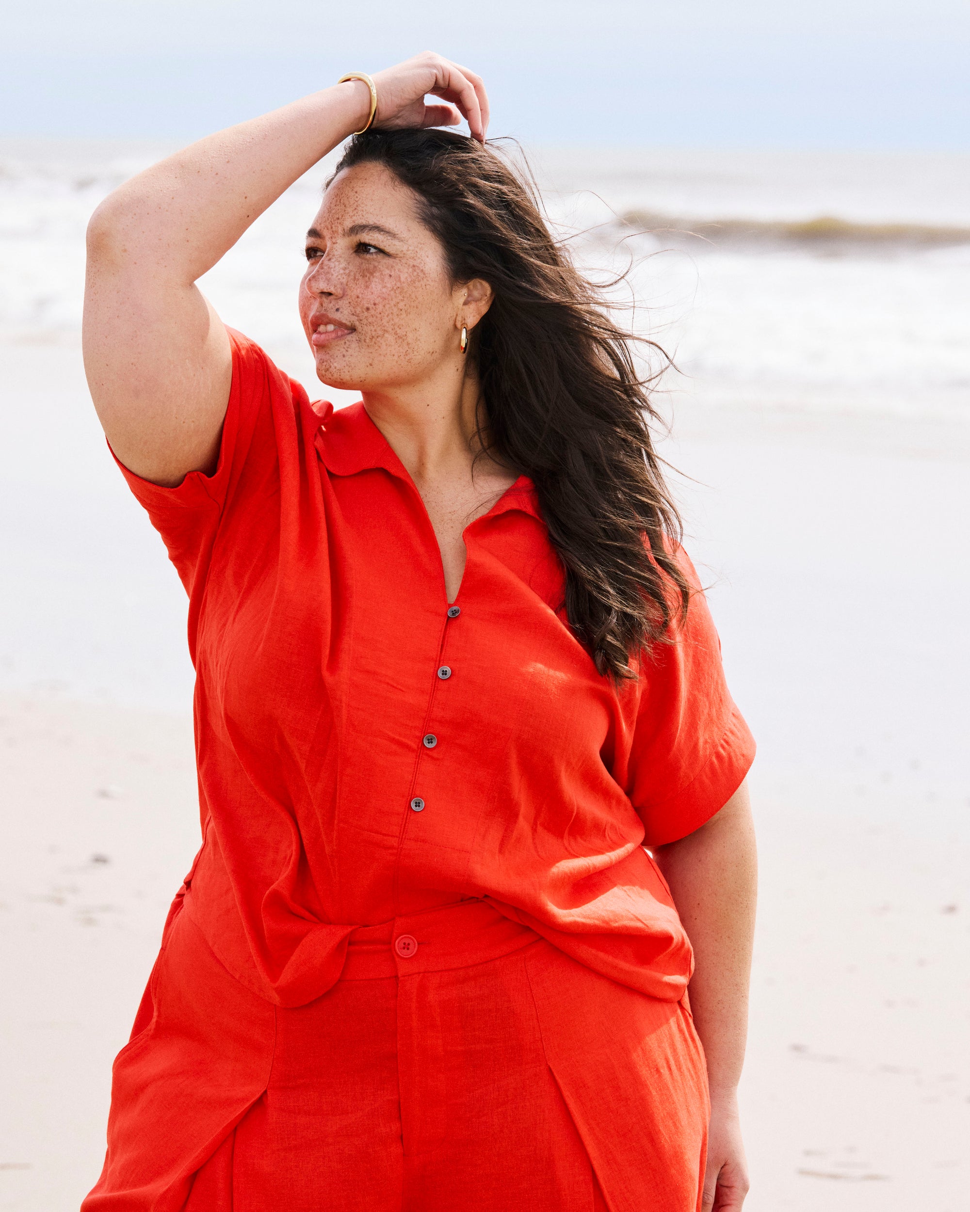Sandy Short Sleeve Stretch Linen Blend Shirt - Shoreline Sunset | Plus Size & Straight Size Women's Fashion | Universal Standard