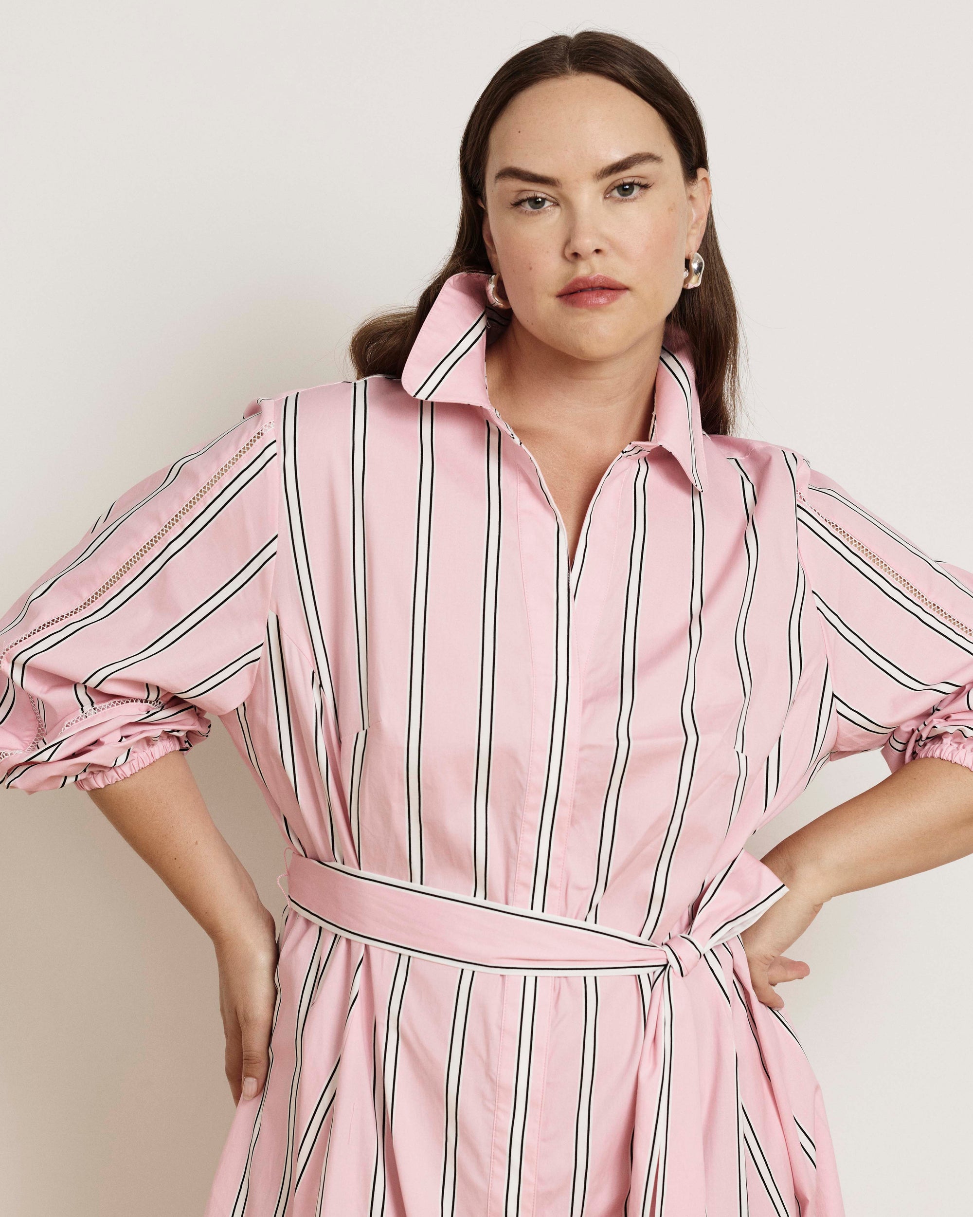 Claire Stretch Poplin Shirtdress - Pink Horizon Stripe | Plus Size & Straight Size Women's Fashion | Universal Standard