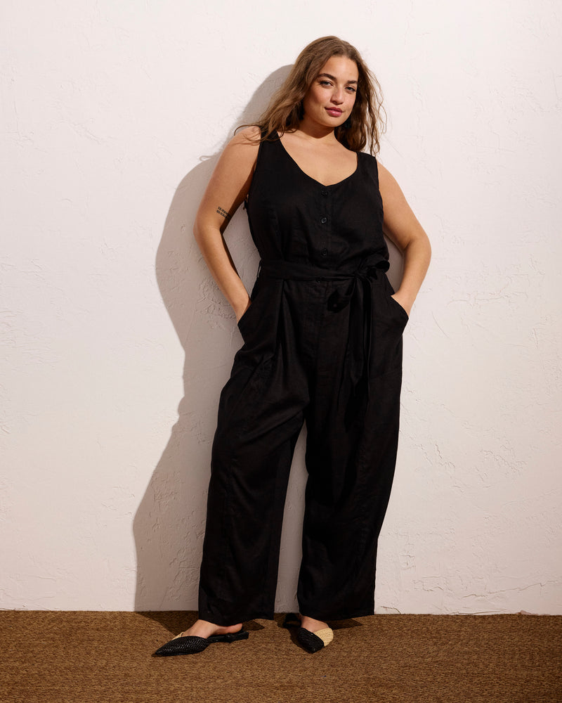 Woman wearing Matilda Linen Jumpsuit - Black from Universal Standard