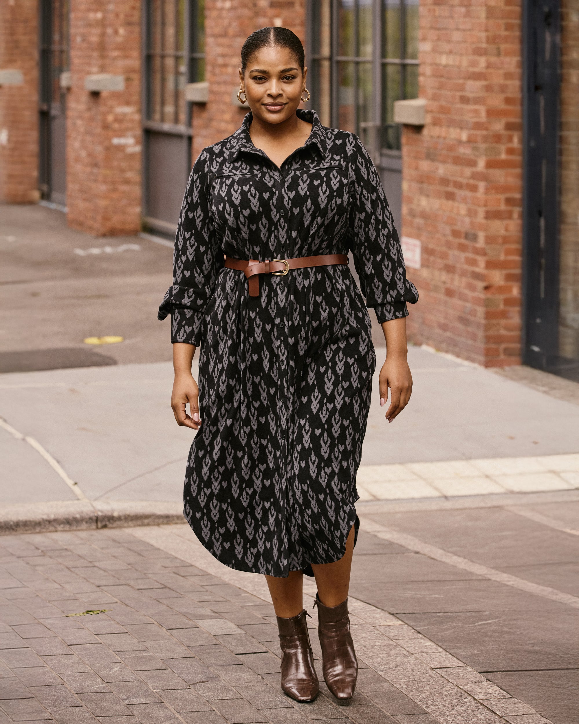 Morgan Belted Stretch Flannel Shirtdress - Indigo Ikat Arrow