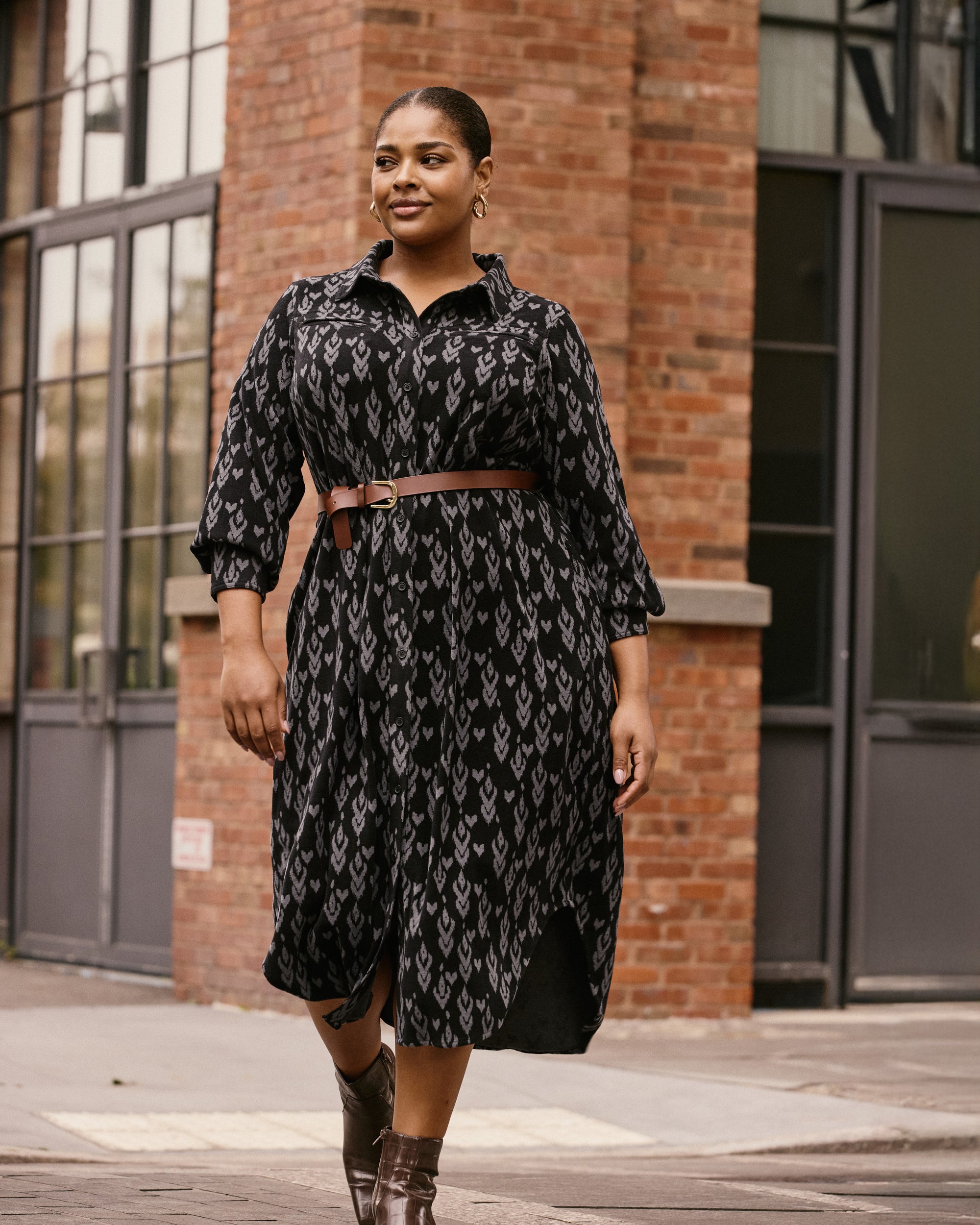 Morgan Belted Stretch Flannel Shirtdress - Indigo Ikat Arrow