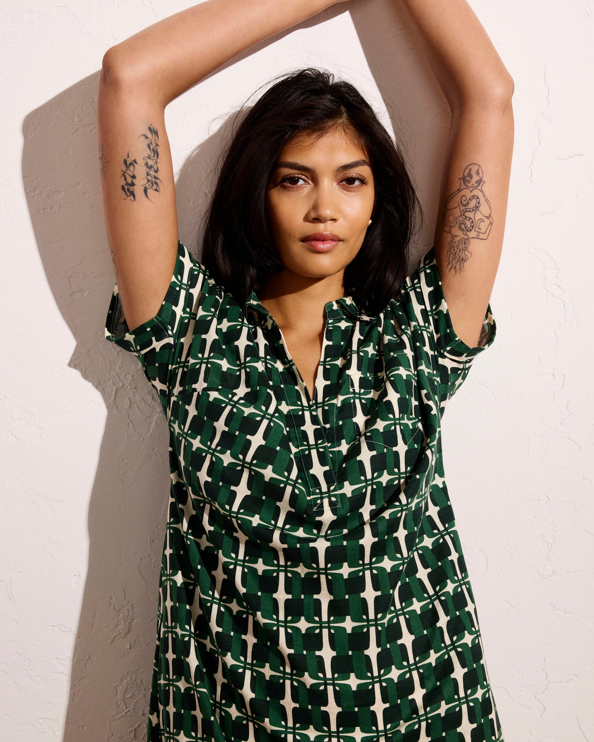 Sunshine Linen Polo Dress - Green Trellis Print Universal Standard Sunshine Linen Polo Dress - Green Trellis Print Universal Standard