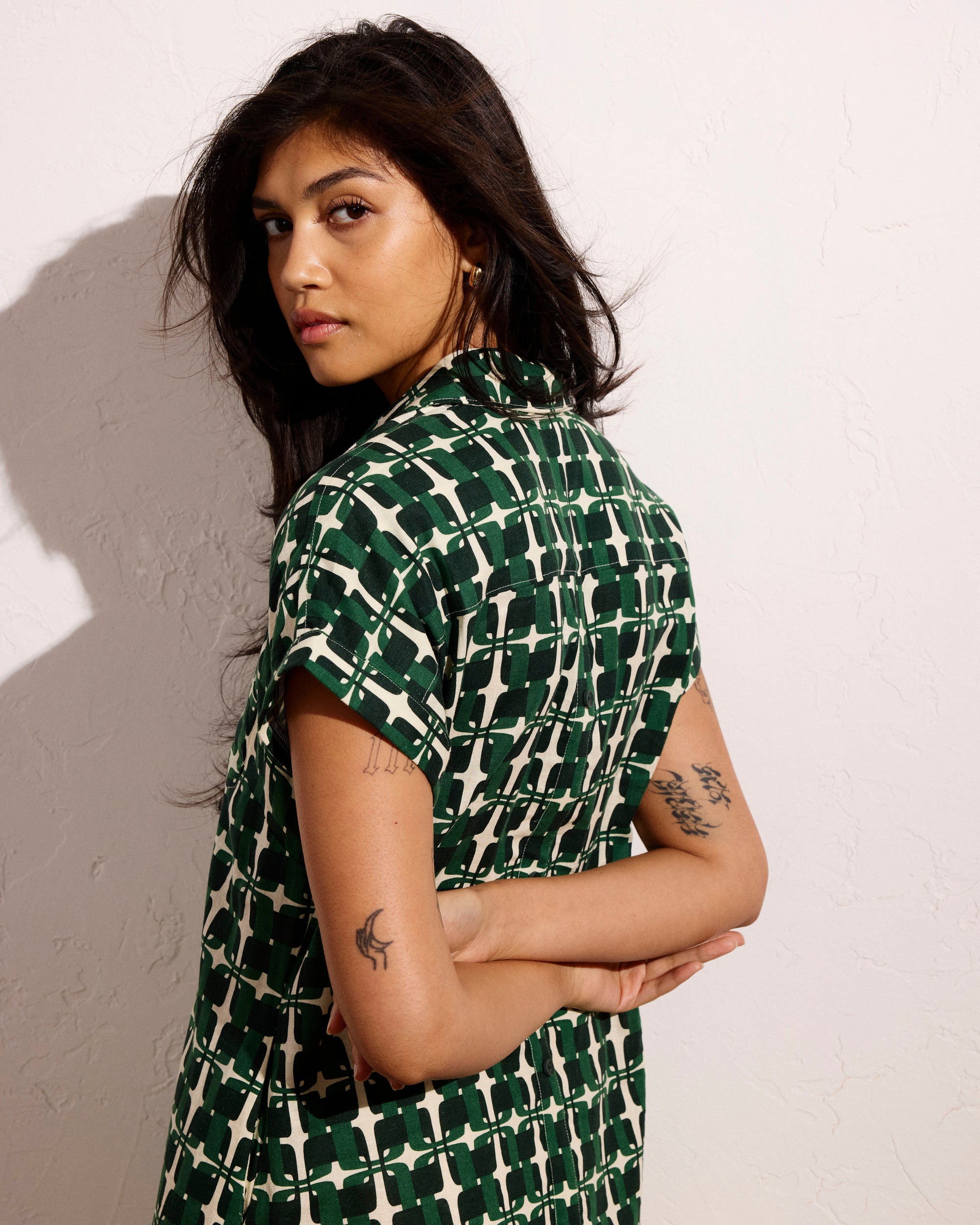 Sunshine Linen Polo Dress - Green Trellis Print | Plus Size & Straight Size Women's Fashion | Universal Standard