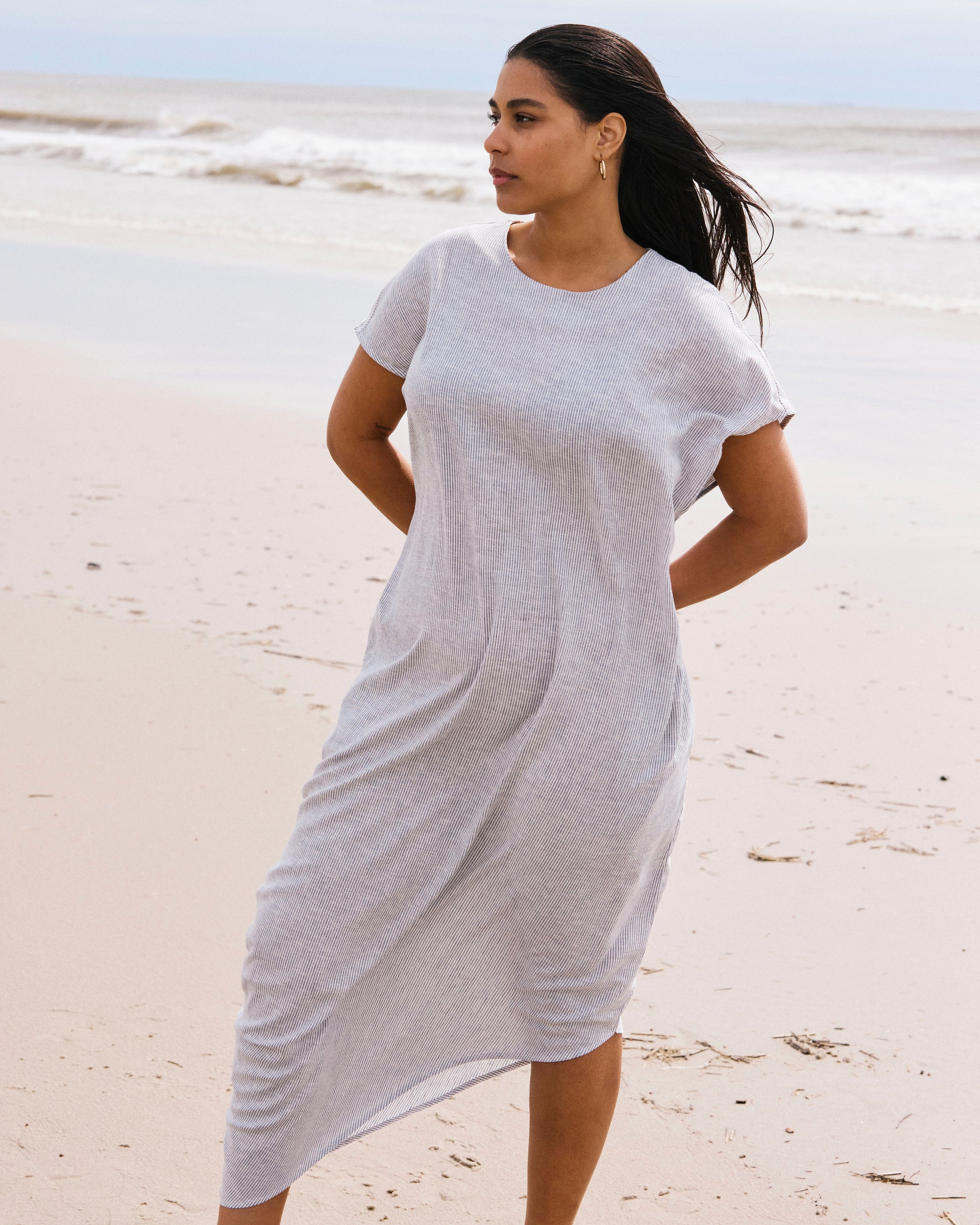 Iconic Stretch Linen Geneva Dress - Beach Stripe Universal Standard Iconic Stretch Linen Geneva Dress - Beach Stripe Universal Standard