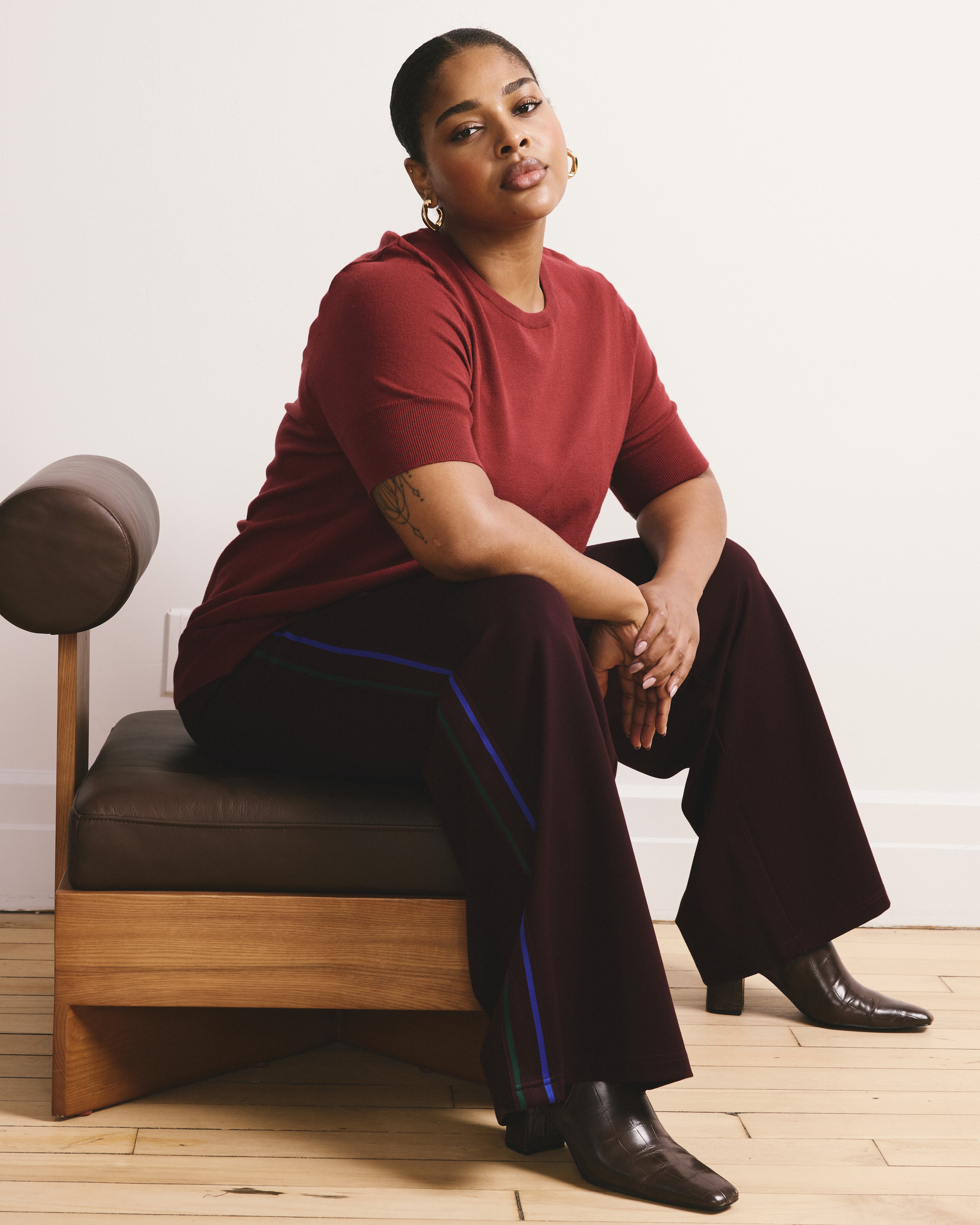 Stephanie Wide Leg Stripe Ponte Pants 30 Inch - Black Cherry with Green/Ultramarine Piping